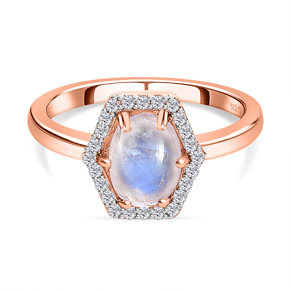 Premium Rainbow Moonstone and Natural Zircon Ring in 18K Rose Gold Vermeil Plated Sterling Silver 1.63 Ct.