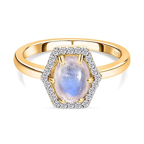 Moon Glow Stone & Natural Zircon Ring in 18K Yellow Gold Vermeil Plated Sterling Silver 1.63 Ct.