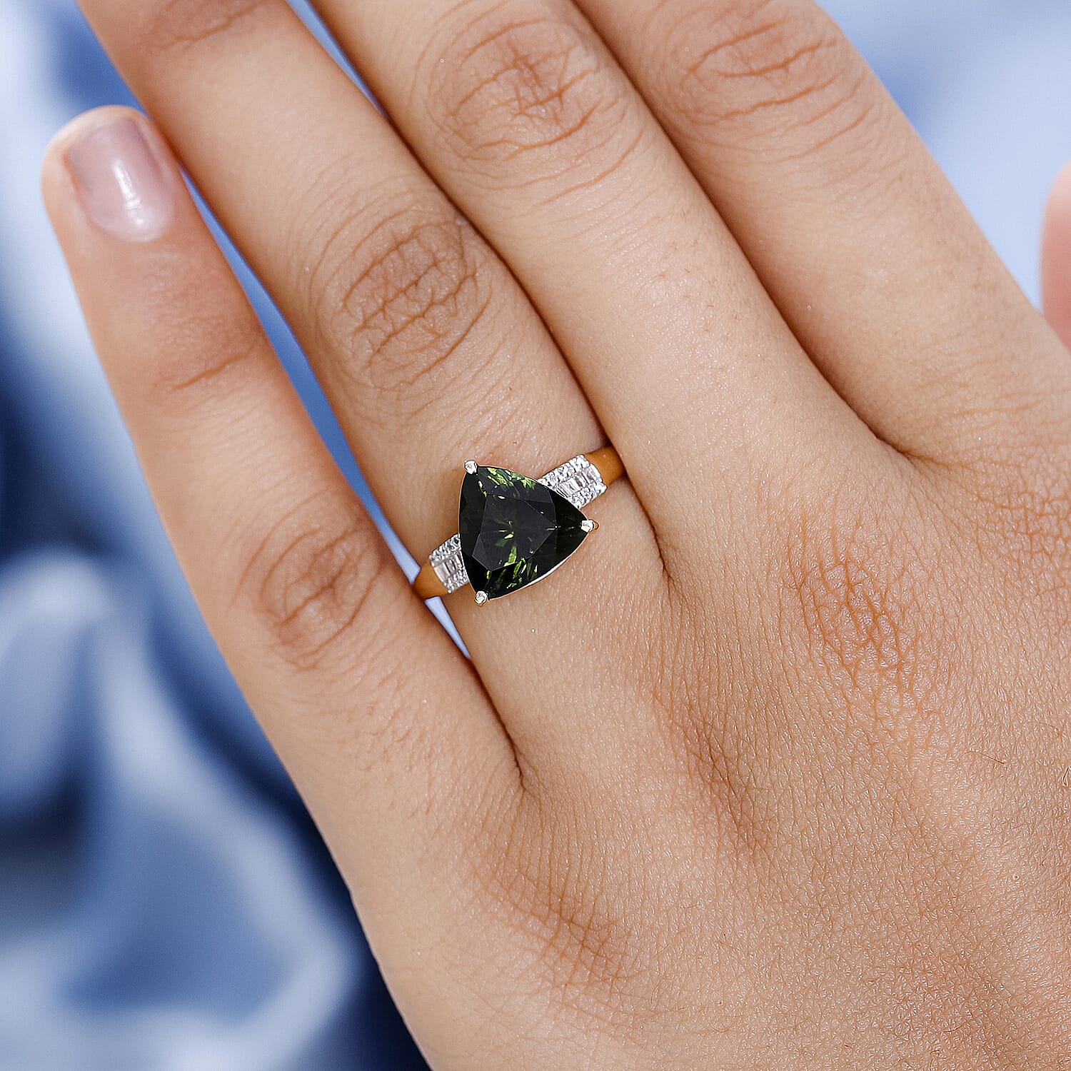 9K Yellow Gold Moldavite and Diamond Ring 3.30 Ct