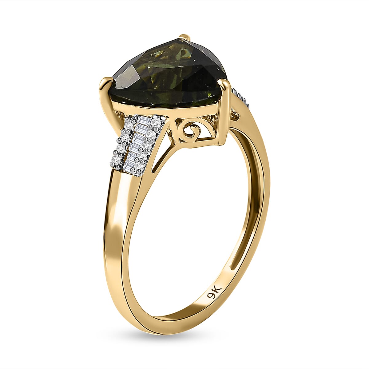 9K Yellow Gold Moldavite and Diamond Ring 3.30 Ct