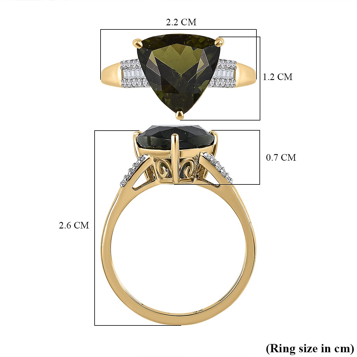 9K Yellow Gold Moldavite and Diamond Ring 3.30 Ct
