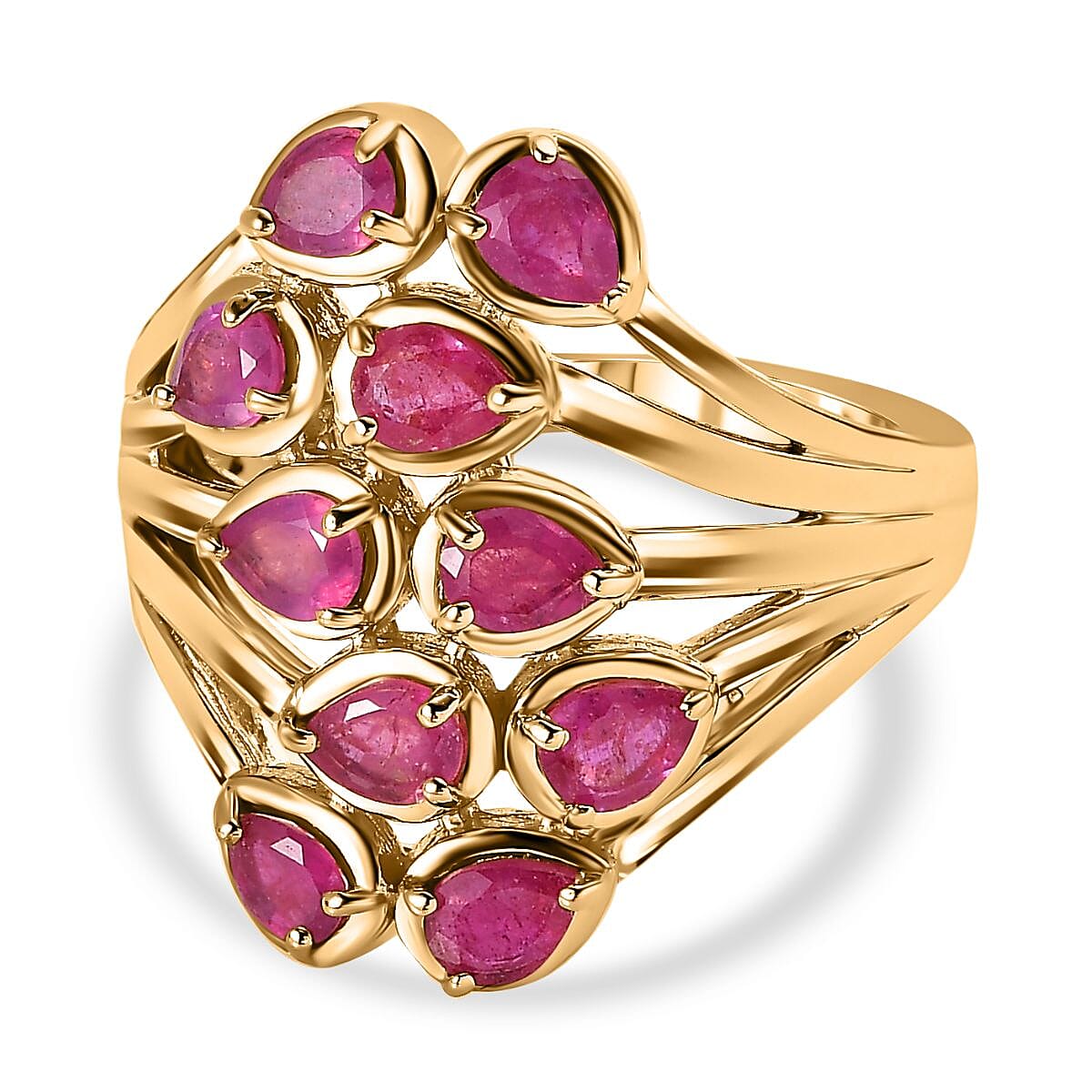 African Ruby Ring in 18K Yellow Gold Vermeil Plated Sterling Silver 2.10 Ct