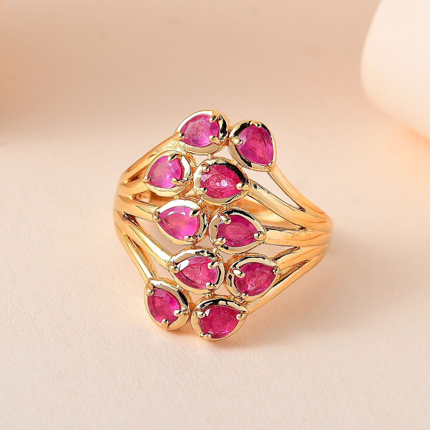 African Ruby Ring in 18K Yellow Gold Vermeil Plated Sterling Silver 2.10 Ct