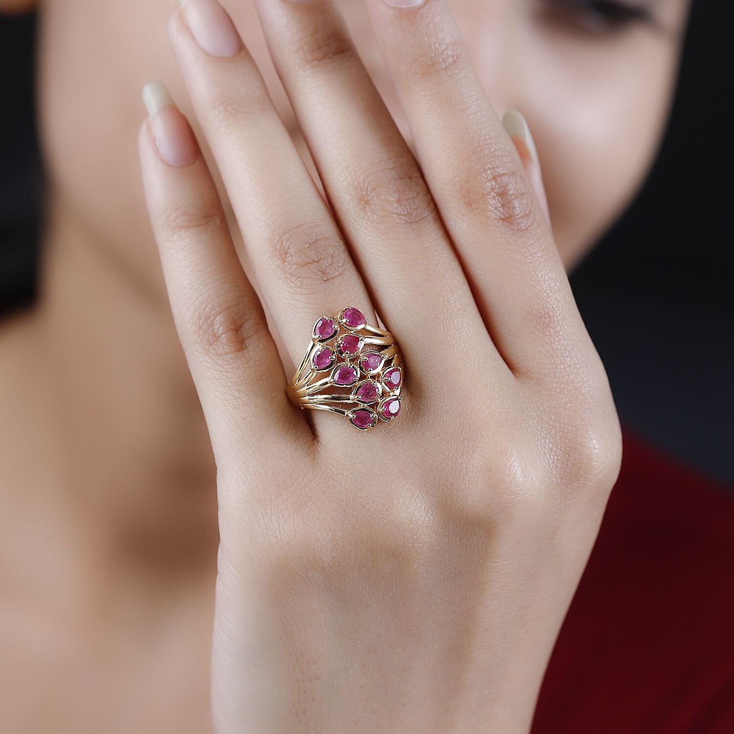 African Ruby Ring in 18K Yellow Gold Vermeil Plated Sterling Silver 2.10 Ct