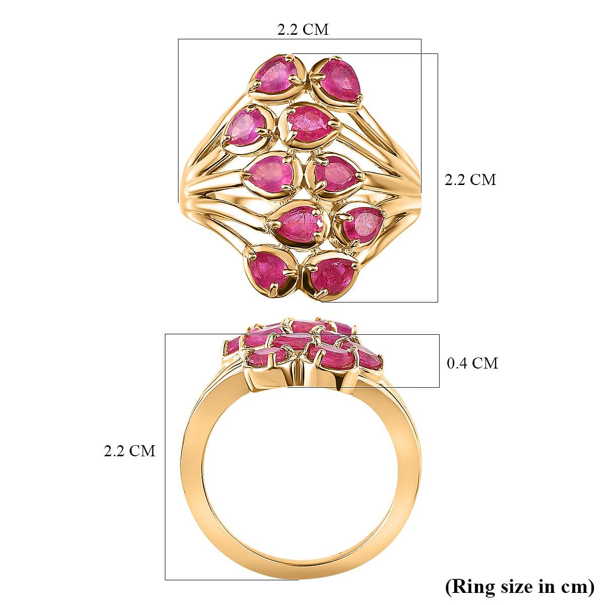African Ruby Ring in 18K Yellow Gold Vermeil Plated Sterling Silver 2.10 Ct