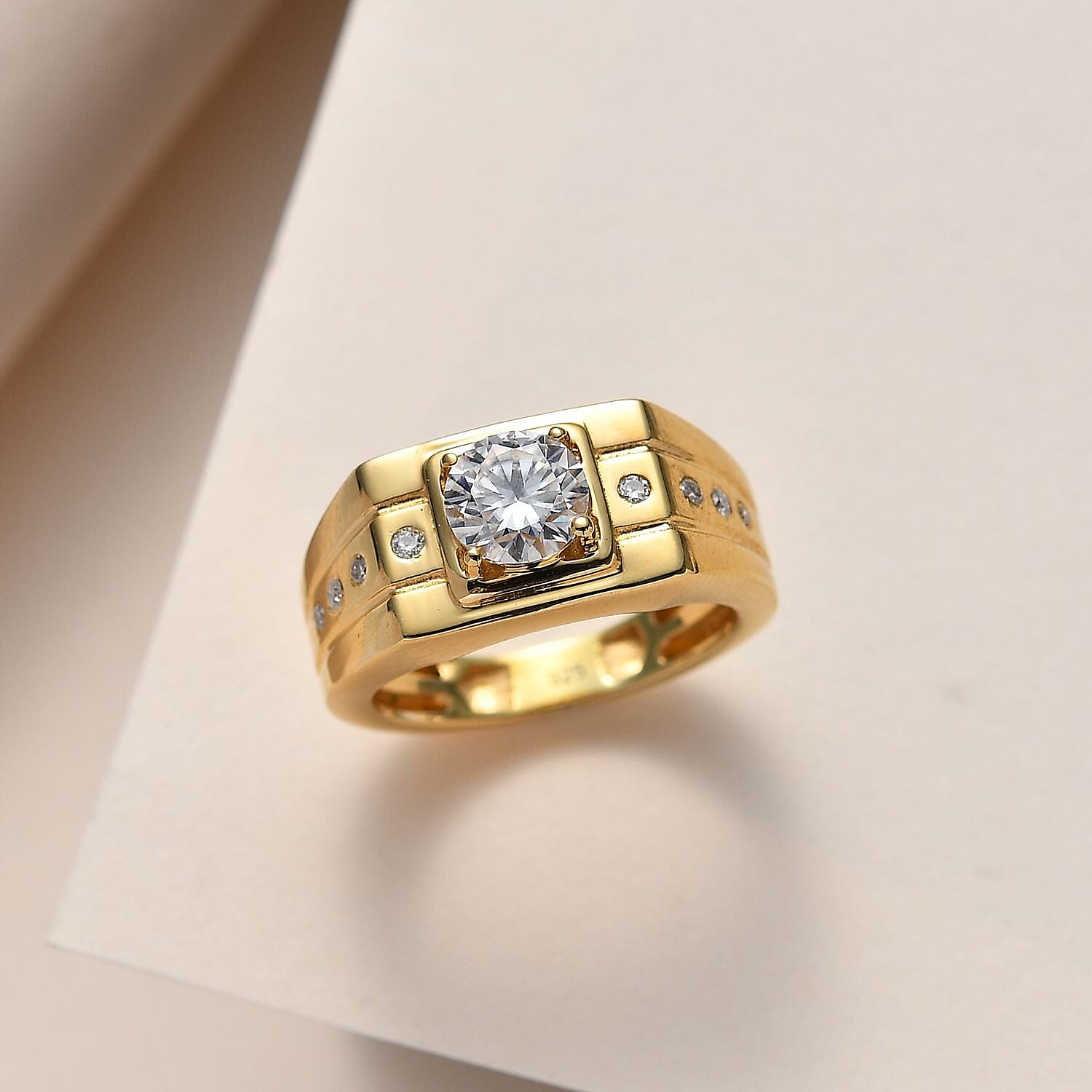 Moissanite Mens Ring in 18K Vermeil Yellow Gold Plated Sterling Silver 1.04 Ct, Silver Wt. 6.40 Gms