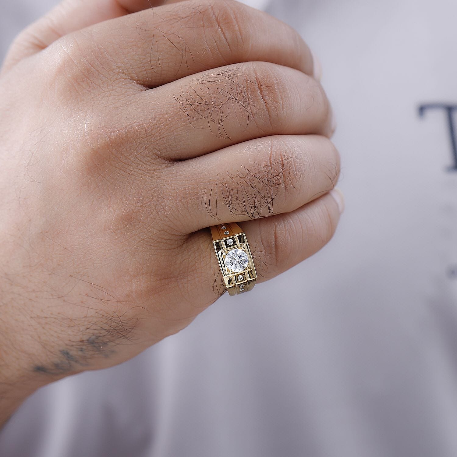 Moissanite Mens Ring in 18K Vermeil Yellow Gold Plated Sterling Silver 1.04 Ct, Silver Wt. 6.40 Gms