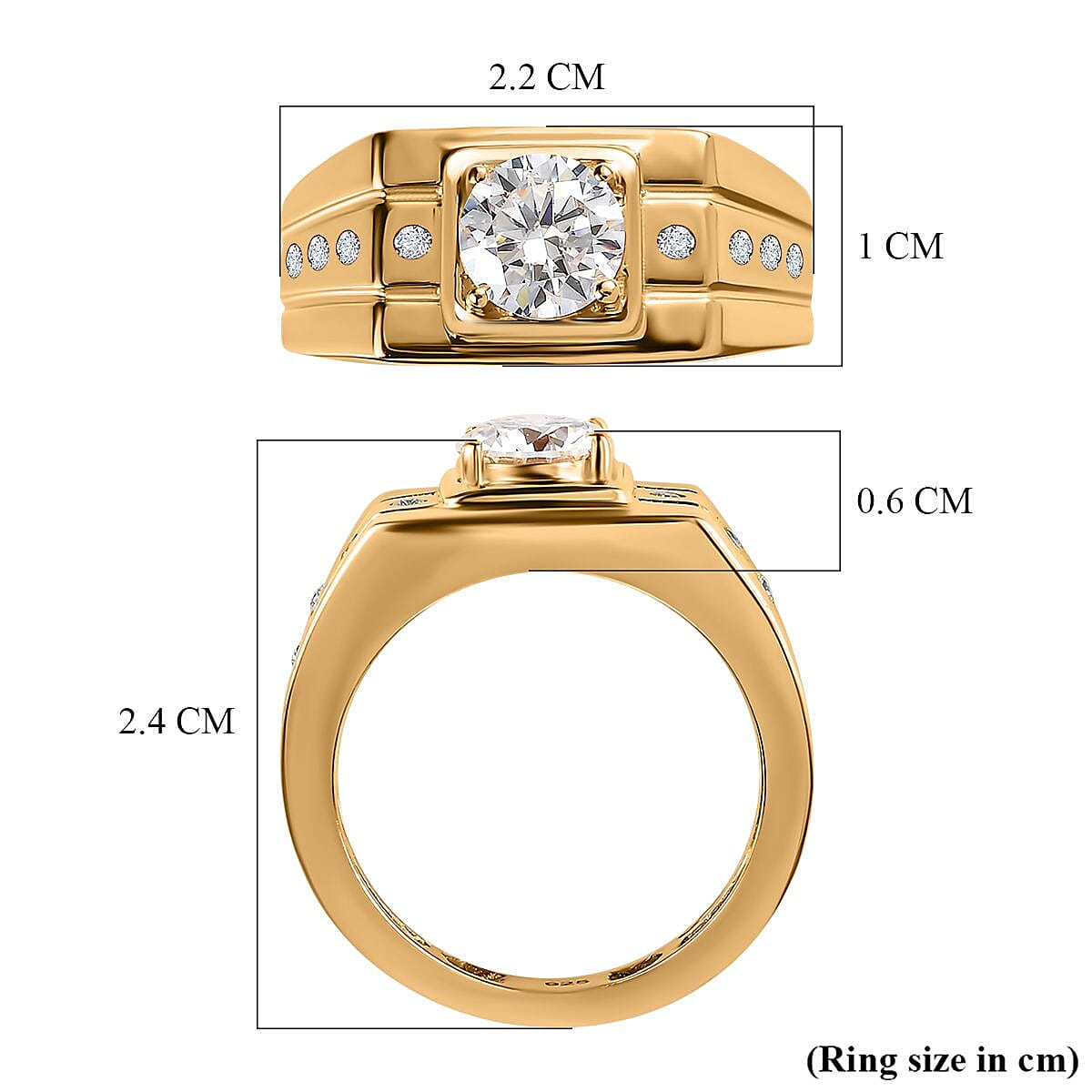 Moissanite Mens Ring in 18K Vermeil Yellow Gold Plated Sterling Silver 1.04 Ct, Silver Wt. 6.40 Gms