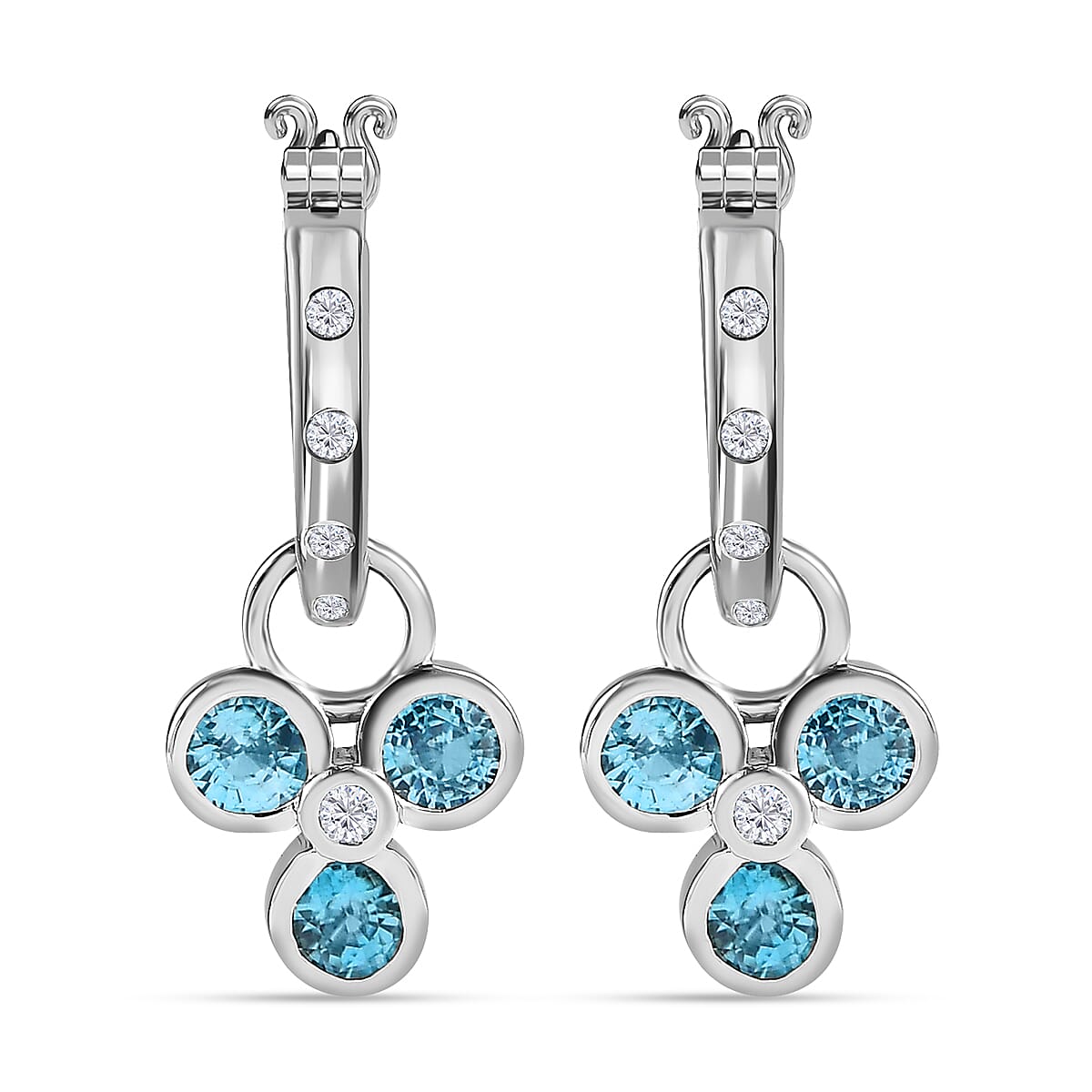 Blue Zircon and Natural Zircon Dangle Earrings in Platinum Overlay Sterling Silver 2.97 Ct, Silver Wt 5.00 GM