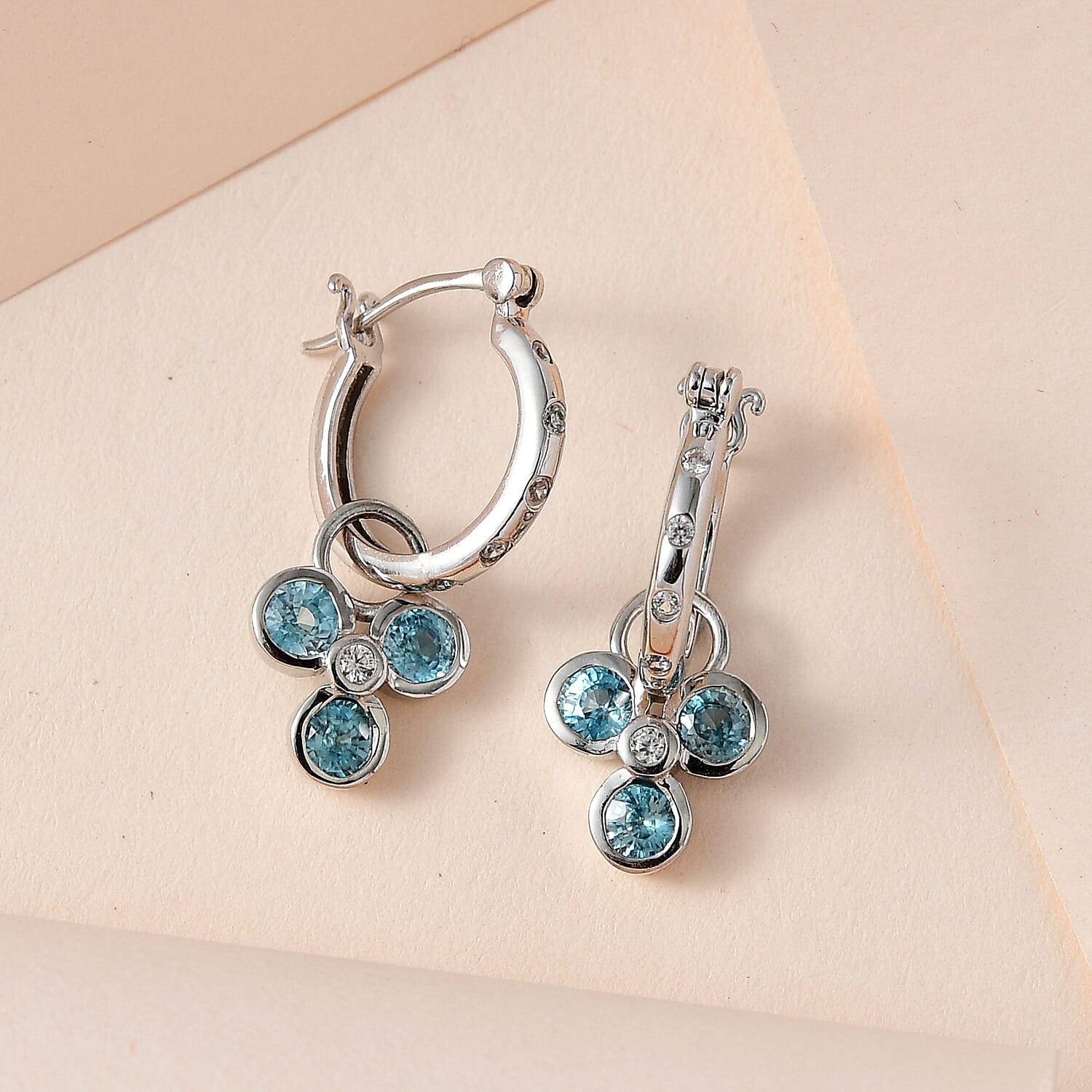 Blue Zircon and Natural Zircon Dangle Earrings in Platinum Overlay Sterling Silver 2.97 Ct, Silver Wt 5.00 GM