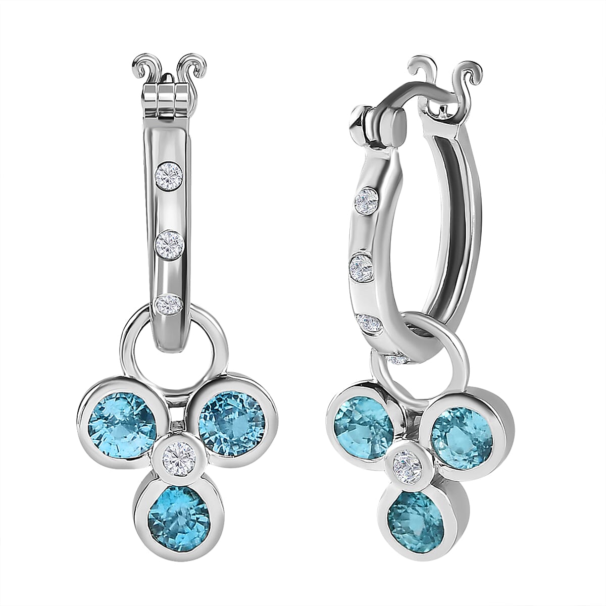 Blue Zircon and Natural Zircon Dangle Earrings in Platinum Overlay Sterling Silver 2.97 Ct, Silver Wt 5.00 GM