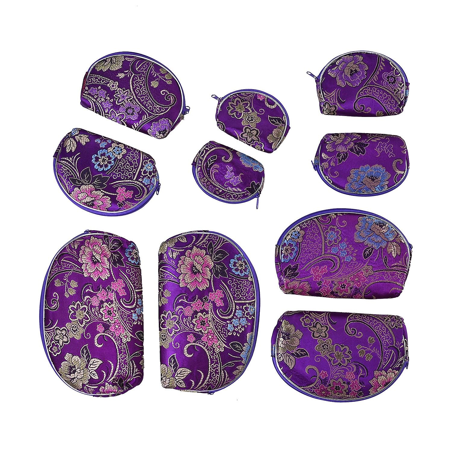 Set of 10 Multi-Purpose Embroidered Jewellery Bag With Zipper  - Purple