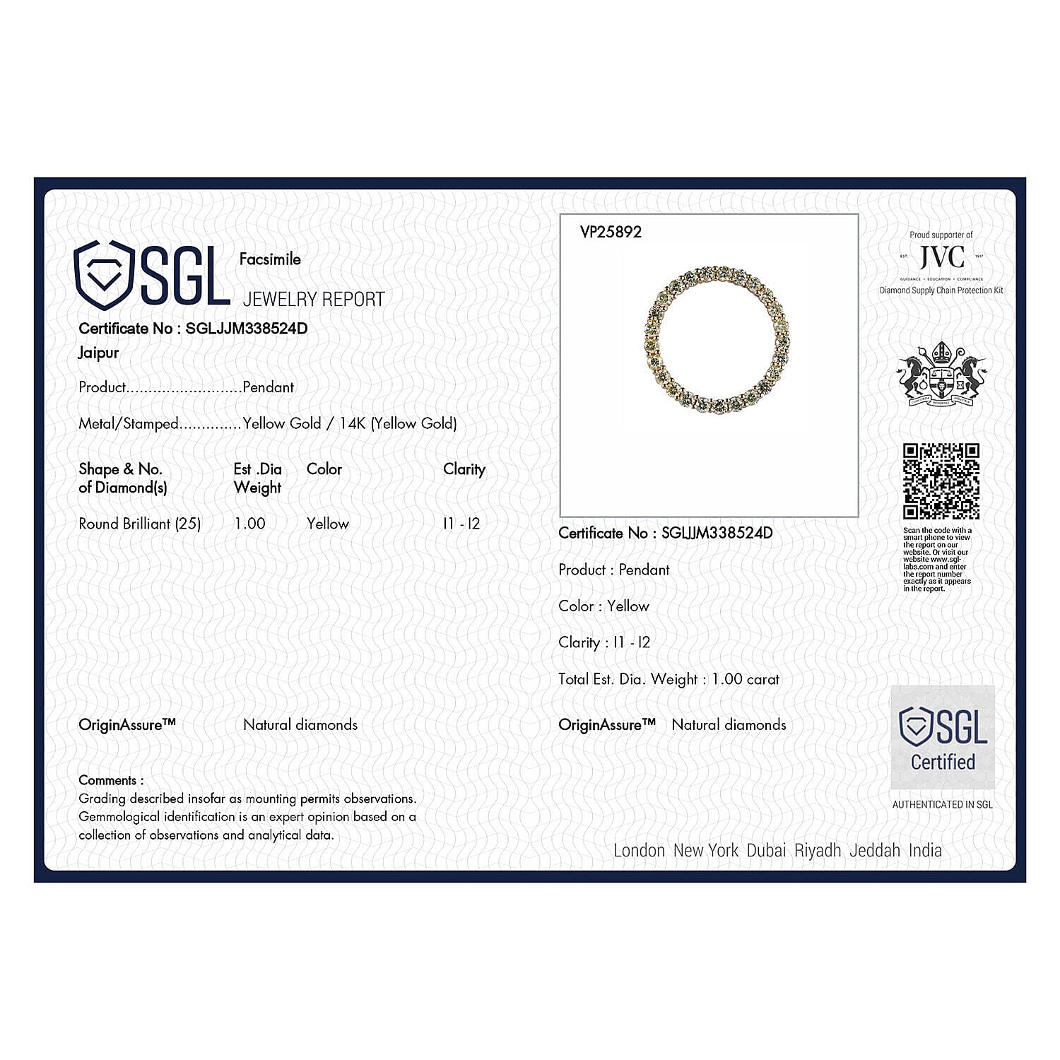 NY Close Out Deal- 14K Yellow Gold SGL Certified Intense Yellow Diamond (I1-I2) Circle Pendant 1.00 Ct