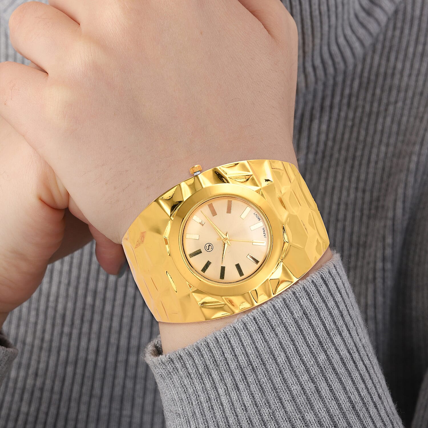 LIMITED EDITION- Designer Inspired Japanese Movt. Water Resistant Hinged Cuff Bangle Gold Colour Watch With Gift Box