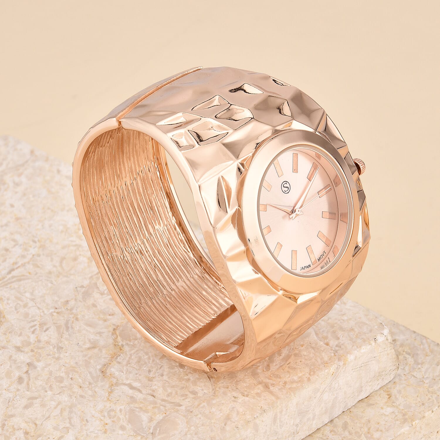 LIMITED EDITION- Designer Inspired Japanese Movt. Water Resistant Hinged Cuff Bangle Rose Colour Watch With Gift Box