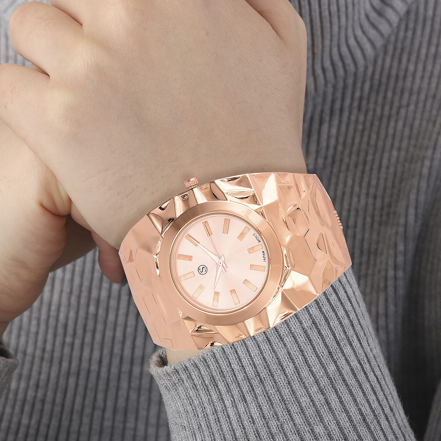 LIMITED EDITION- Designer Inspired Japanese Movt. Water Resistant Hinged Cuff Bangle Rose Colour Watch With Gift Box