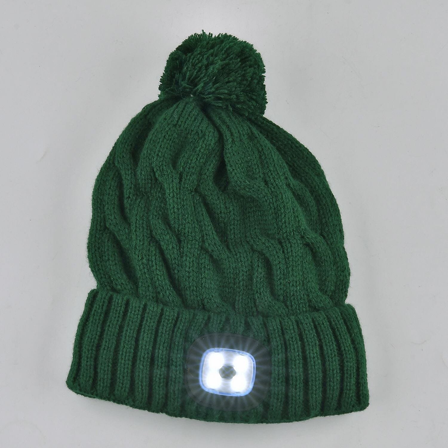 USB Rechargeable Waterproof LED Lighted Bobble Hat with Sherpa Lining (Size 26x20 Cm) - Green