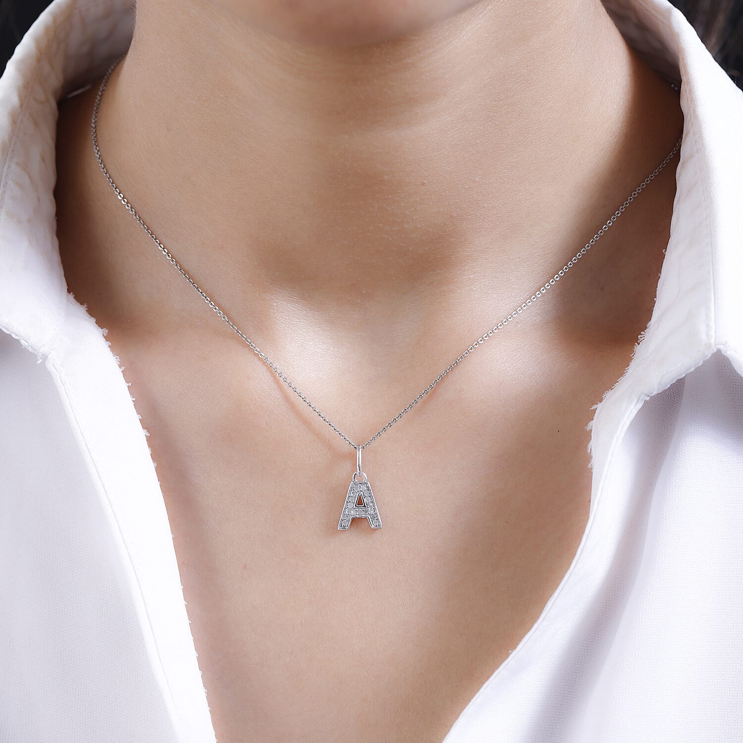 Diamond Initial A Pendant in Rhodium Overlay Sterling Silver 0.17 Ct