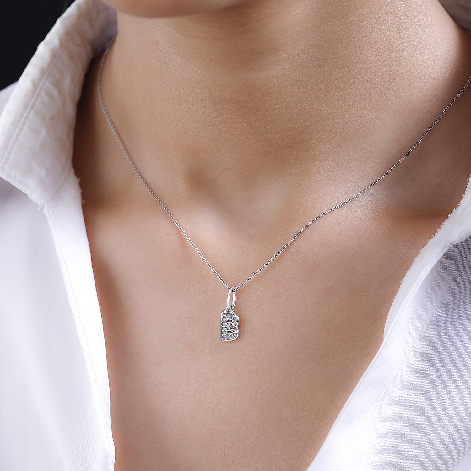 Diamond Initial B Pendant in Rhodium Overlay Sterling Silver 0.17 Ct