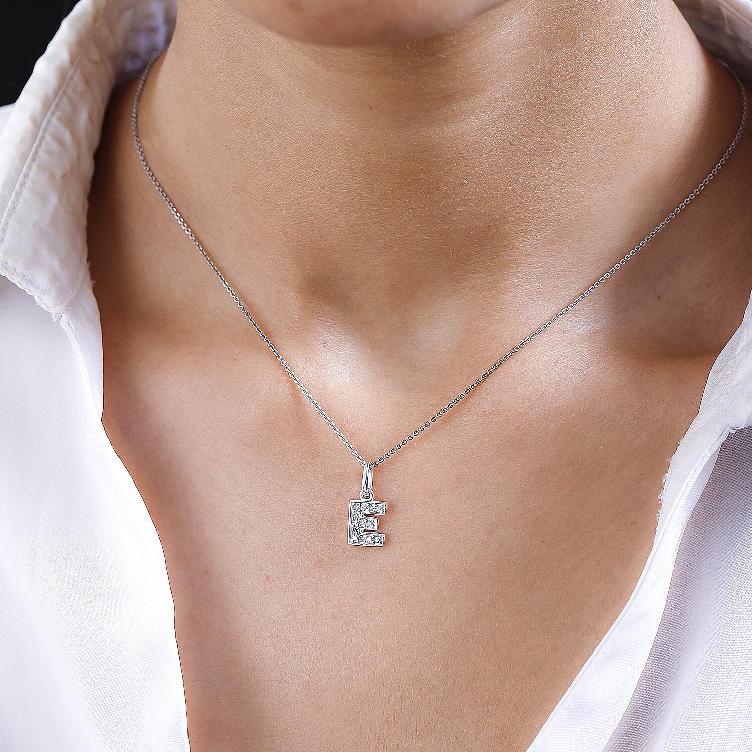 Diamond Initial E Pendant in Rhodium Overlay Sterling Silver 0.17 Ct