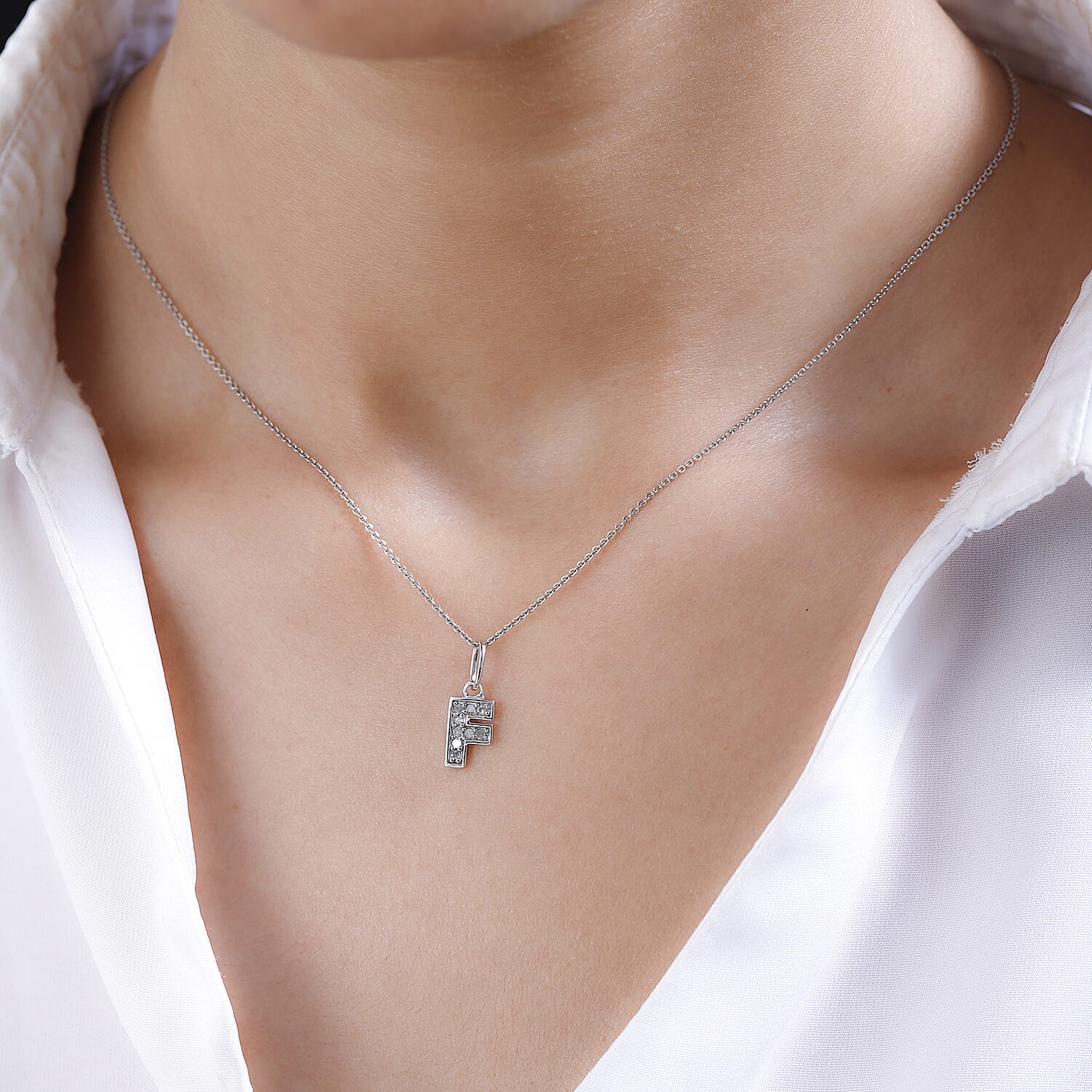 Diamond Initial F Pendant in Rhodium Overlay Sterling Silver 0.17 Ct