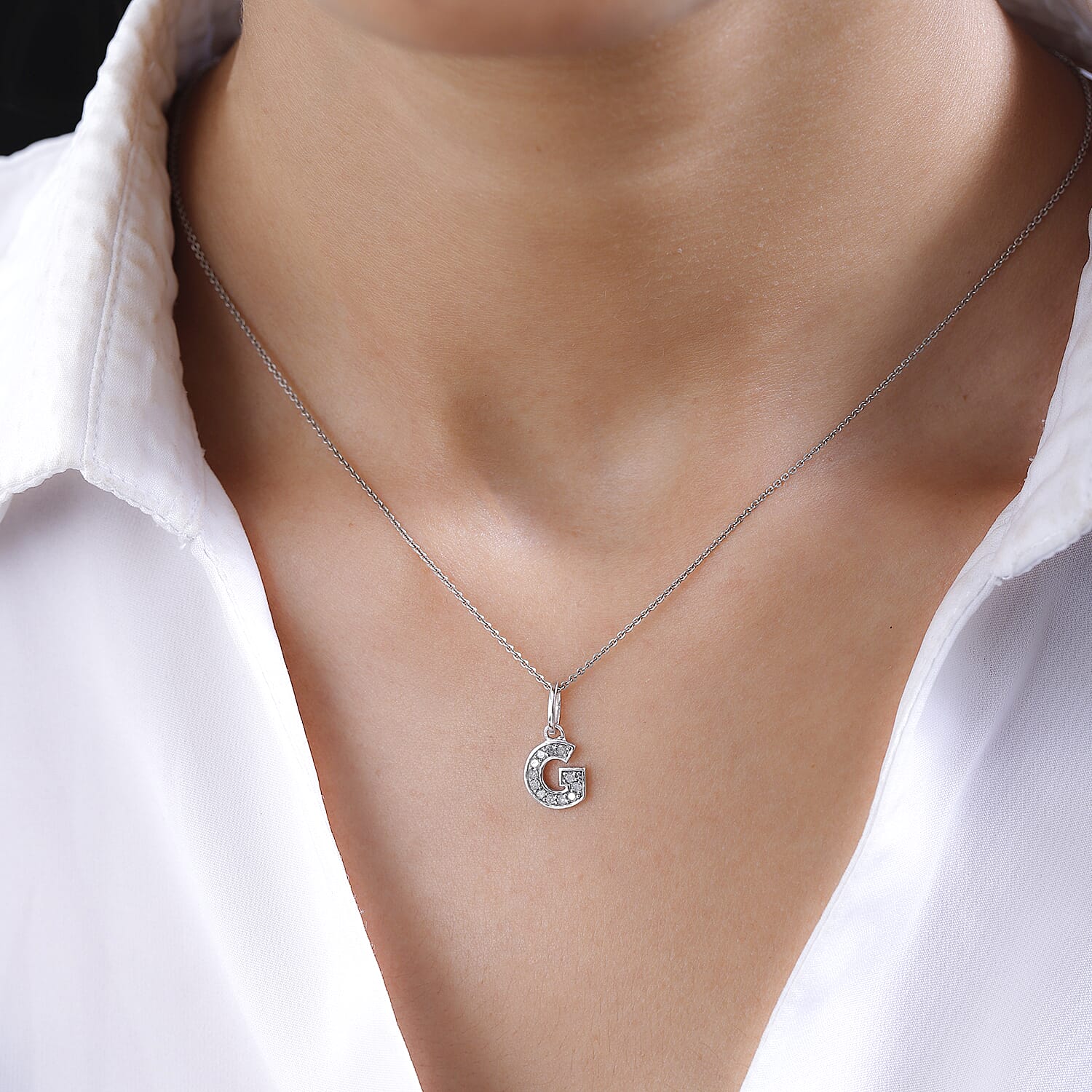 Diamond Initial G Pendant in Rhodium Overlay Sterling Silver 0.17 Ct