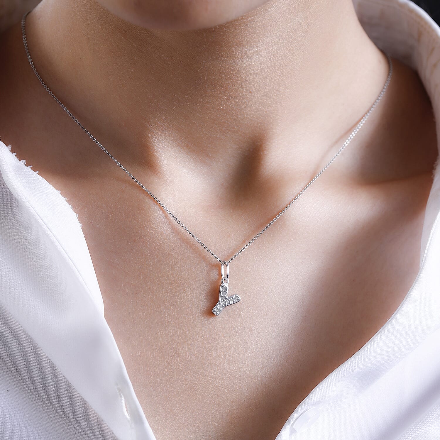 Diamond Initial Y Pendant in Rhodium Overlay Sterling Silver 0.17 Ct