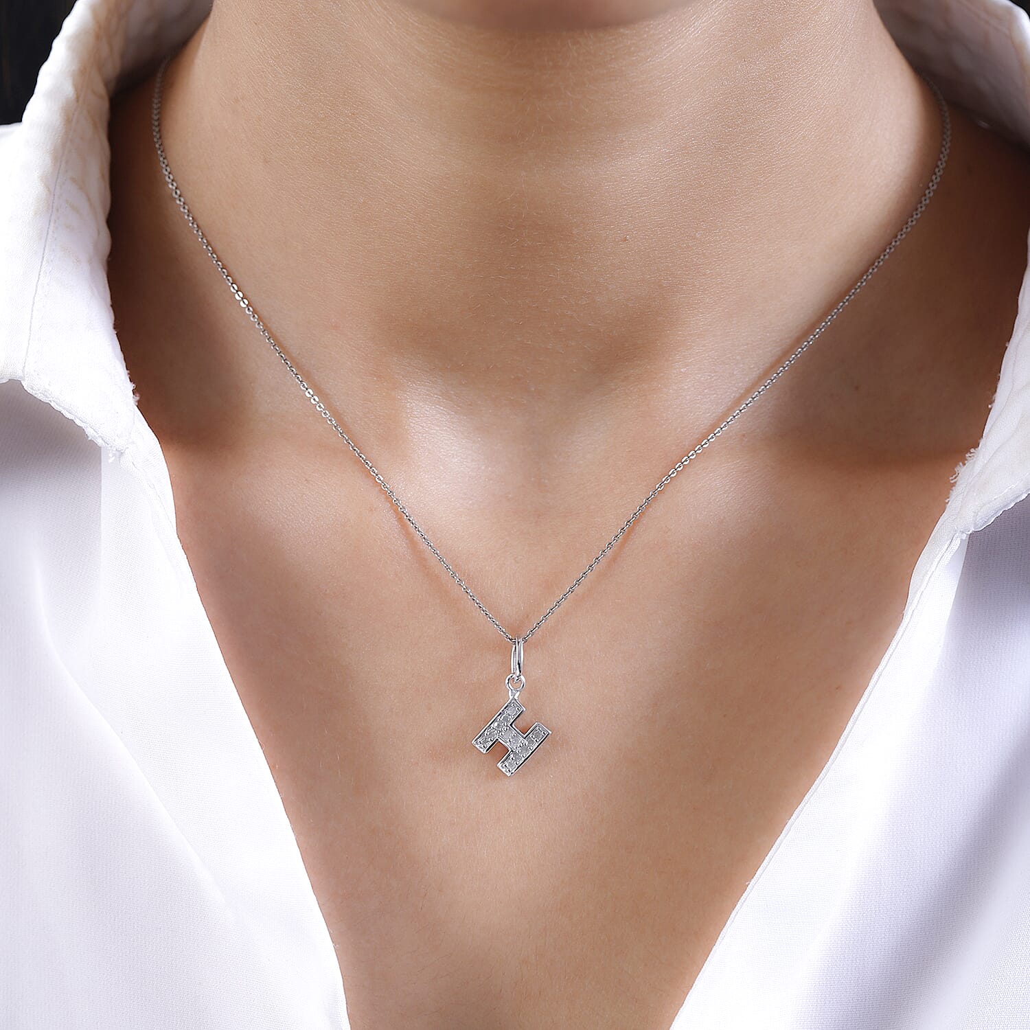 Diamond Initial H Pendant in Rhodium Overlay Sterling Silver 0.17 Ct