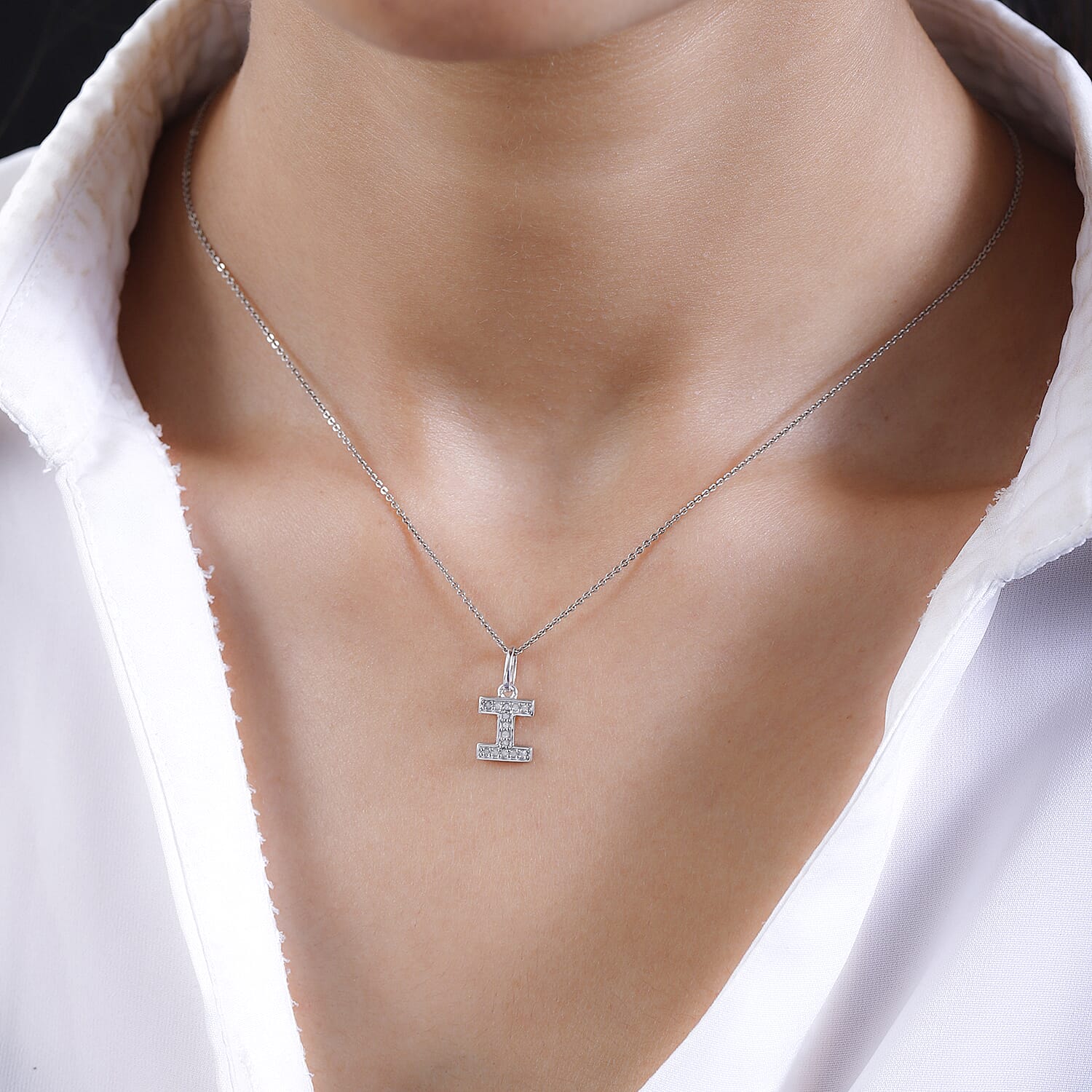 Diamond Initial I Pendant in Rhodium Overlay Sterling Silver 0.17 Ct