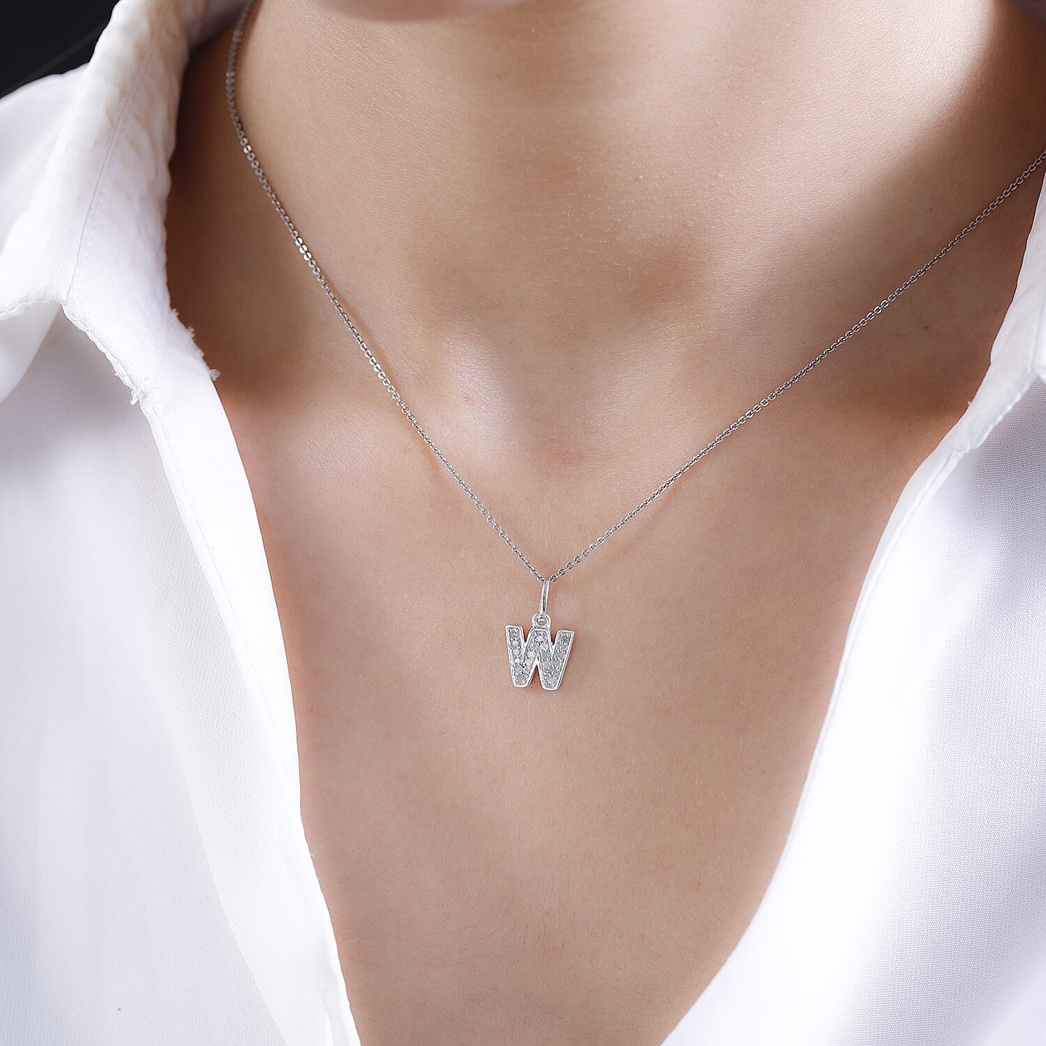 Diamond Initial W Pendant in Rhodium Overlay Sterling Silver 0.17 Ct