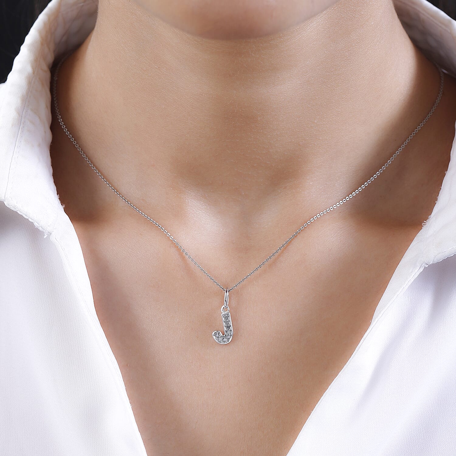 Diamond Initial J Pendant in Rhodium Overlay Sterling Silver 0.17 Ct