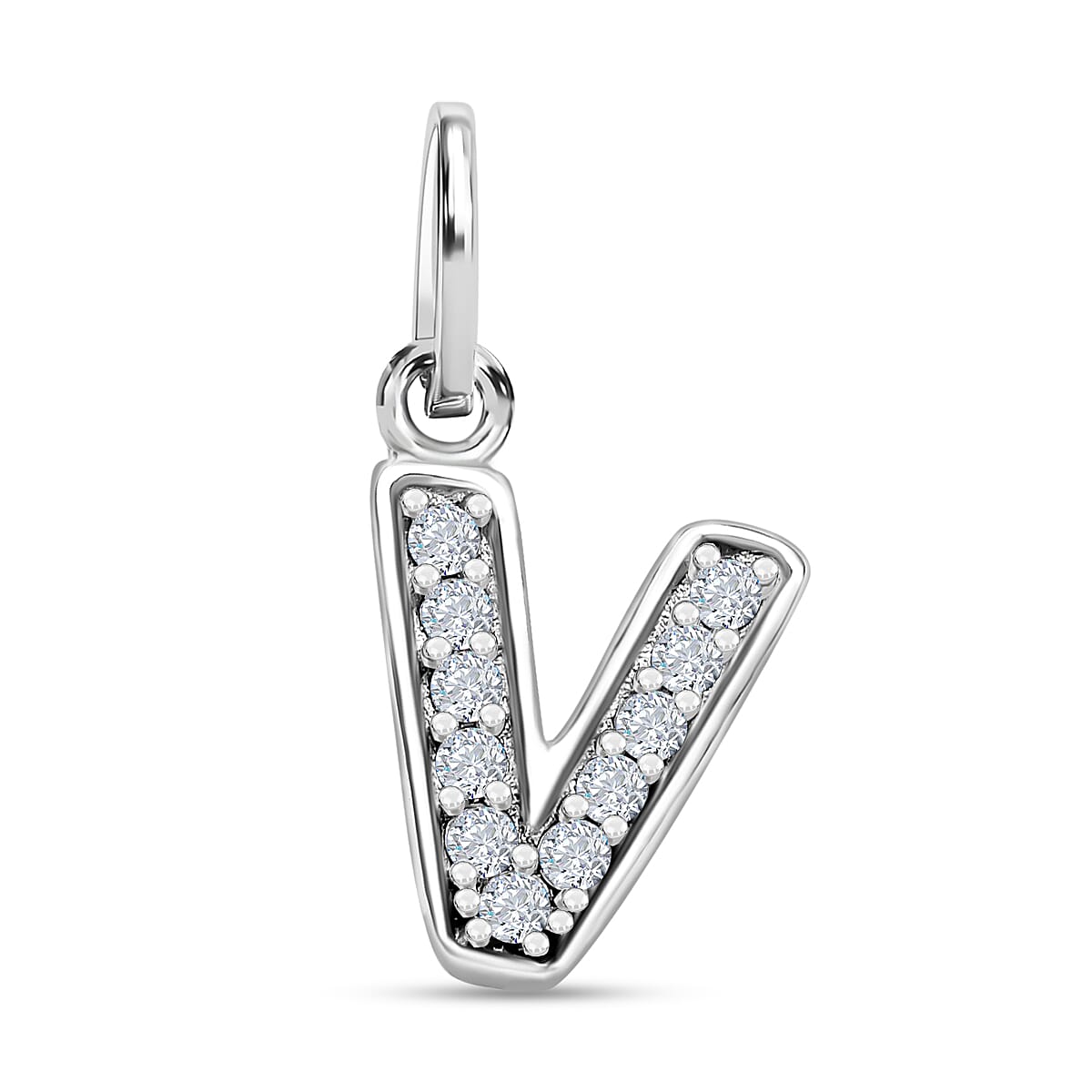 Diamond Initial V Pendant in Rhodium Overlay Sterling Silver 0.17 Ct