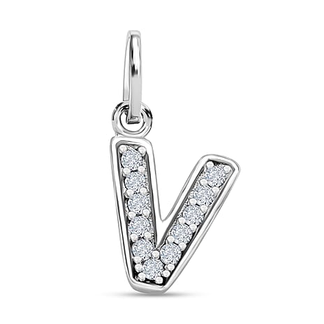 Diamond Initial V Pendant in Rhodium Overlay Sterling Silver 0.17 Ct