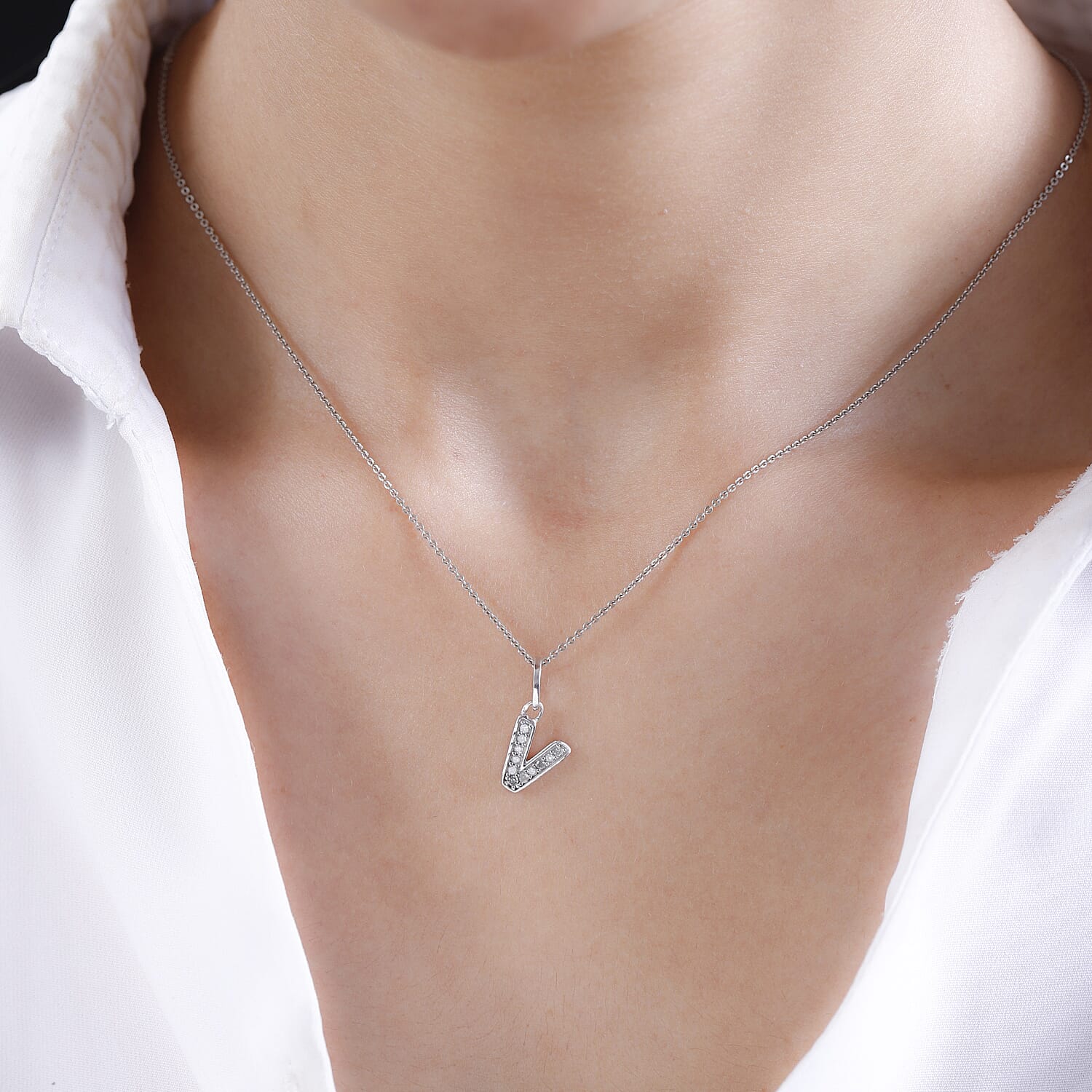 Diamond Initial V Pendant in Rhodium Overlay Sterling Silver 0.17 Ct