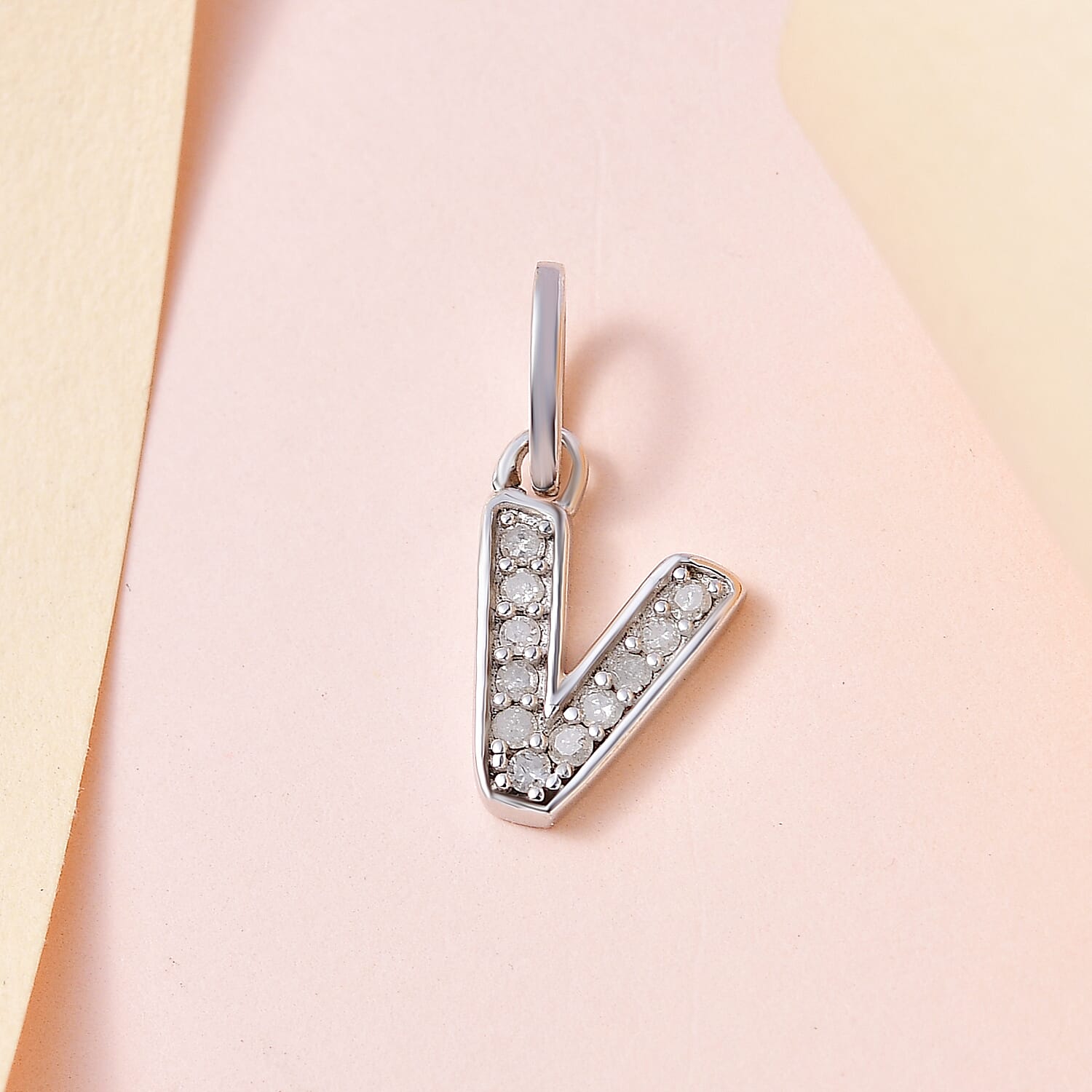 Diamond Initial V Pendant in Rhodium Overlay Sterling Silver 0.17 Ct