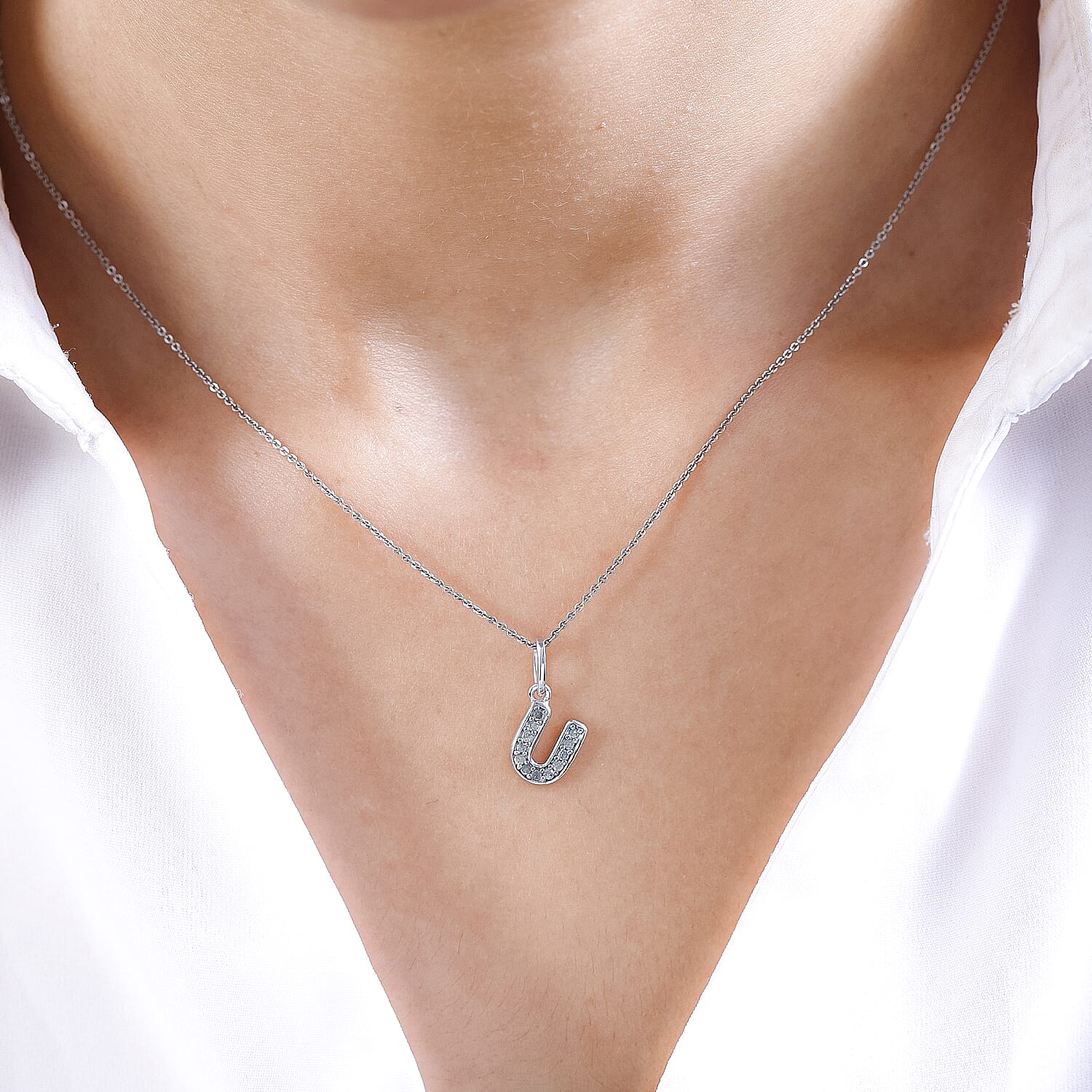 Diamond Initial U Pendant in Rhodium Overlay Sterling Silver 0.17 Ct