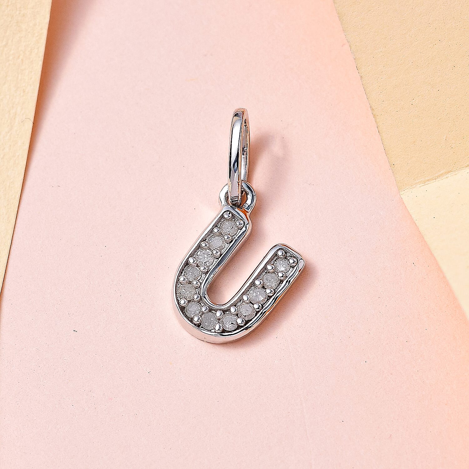 Diamond Initial U Pendant in Rhodium Overlay Sterling Silver 0.17 Ct