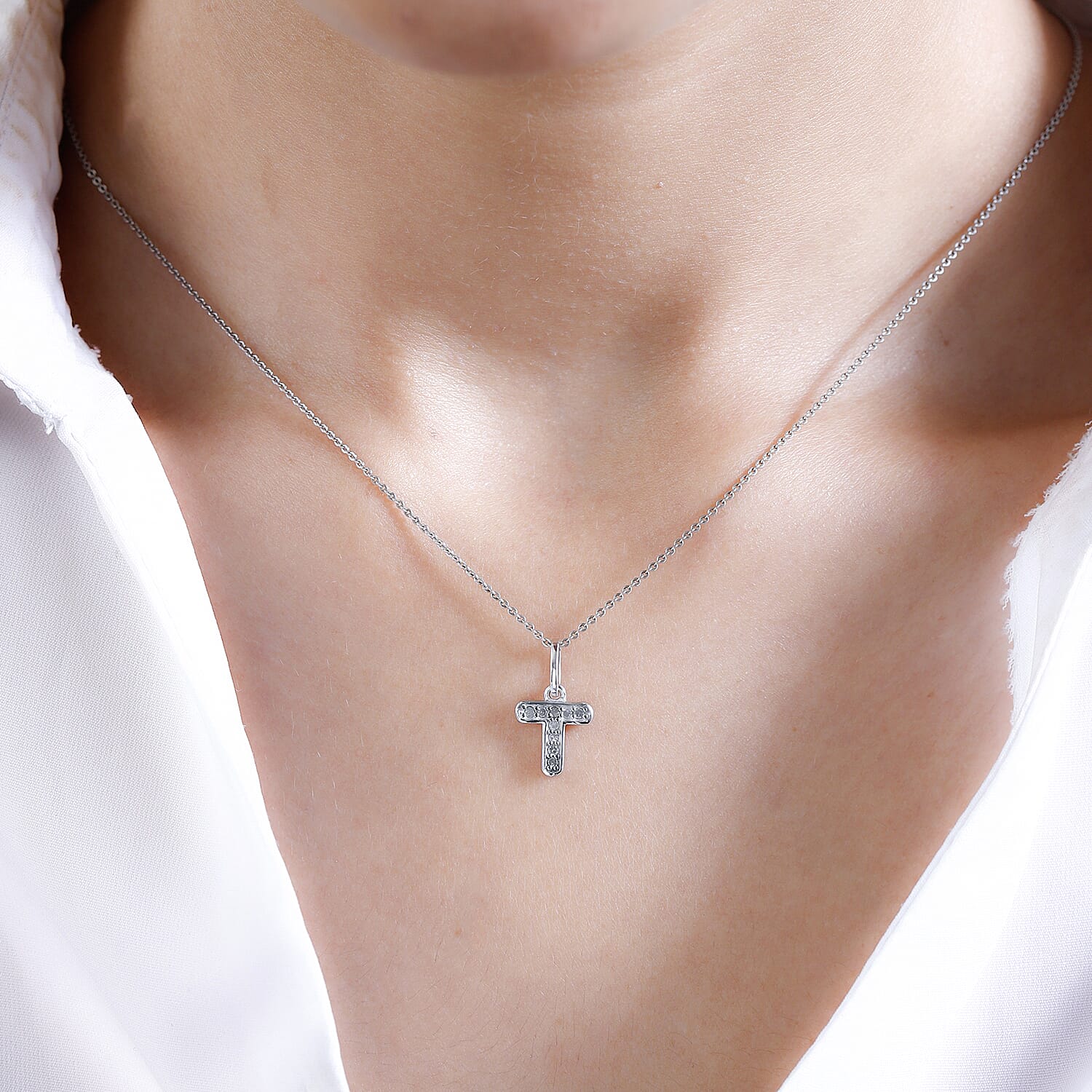 Diamond Initial T Pendant in Rhodium Overlay Sterling Silver 0.17 Ct
