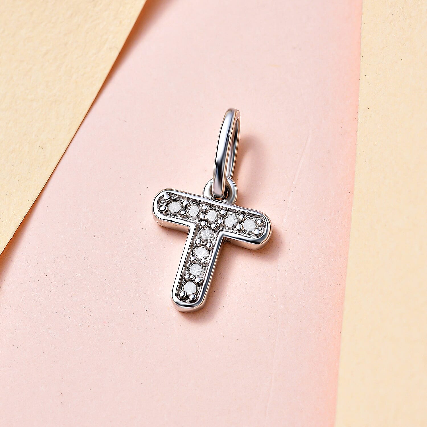 Diamond Initial T Pendant in Rhodium Overlay Sterling Silver 0.17 Ct