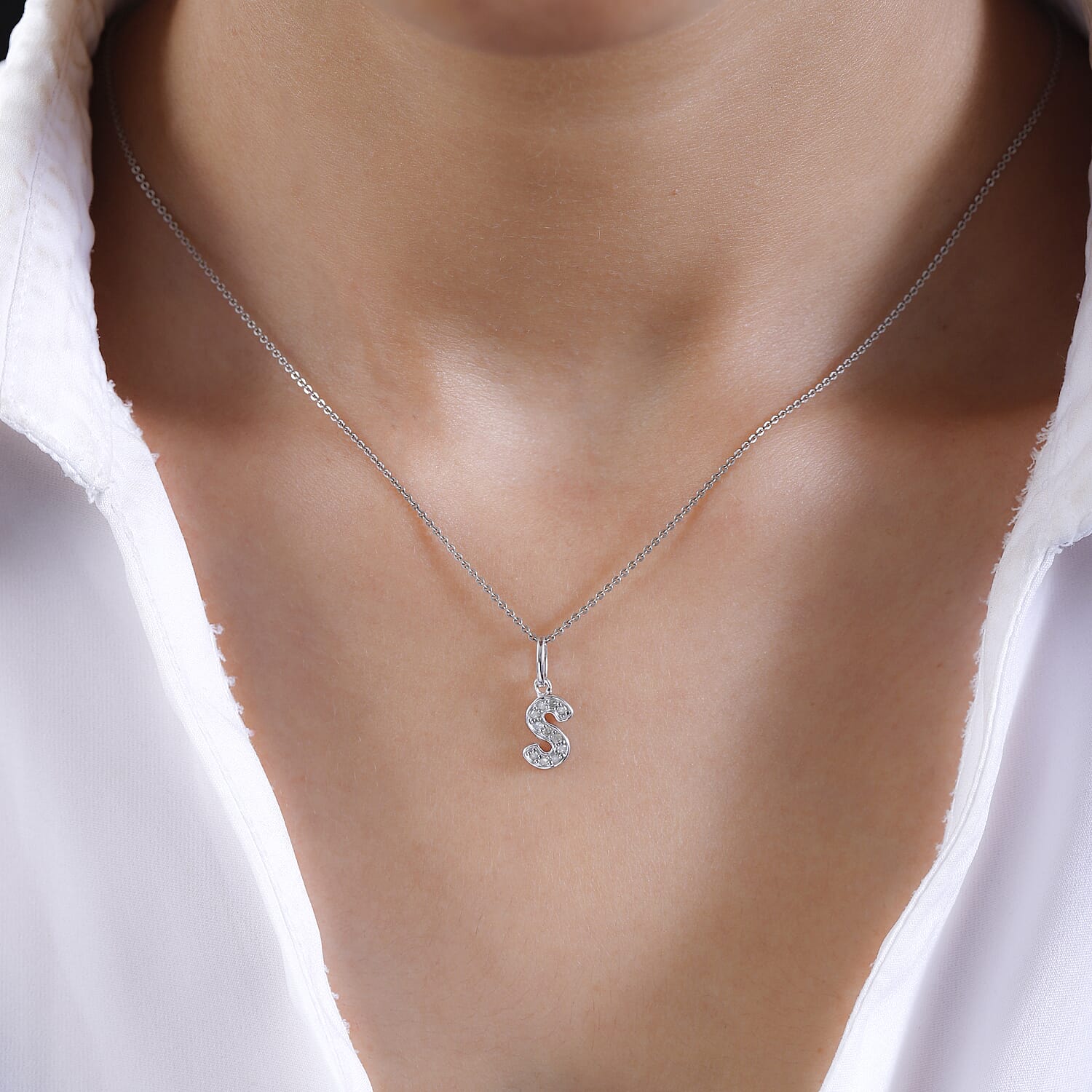 Diamond Initial S Pendant in Rhodium Overlay Sterling Silver 0.17 Ct