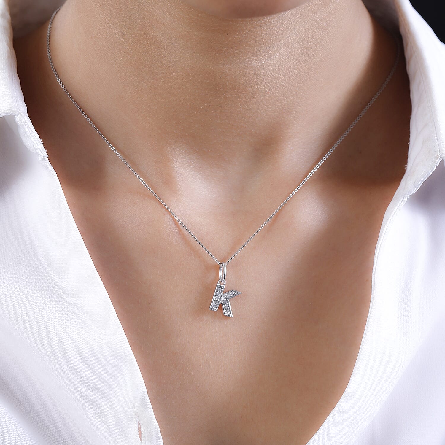 Diamond Initial K Pendant in Rhodium Overlay Sterling Silver 0.17 Ct