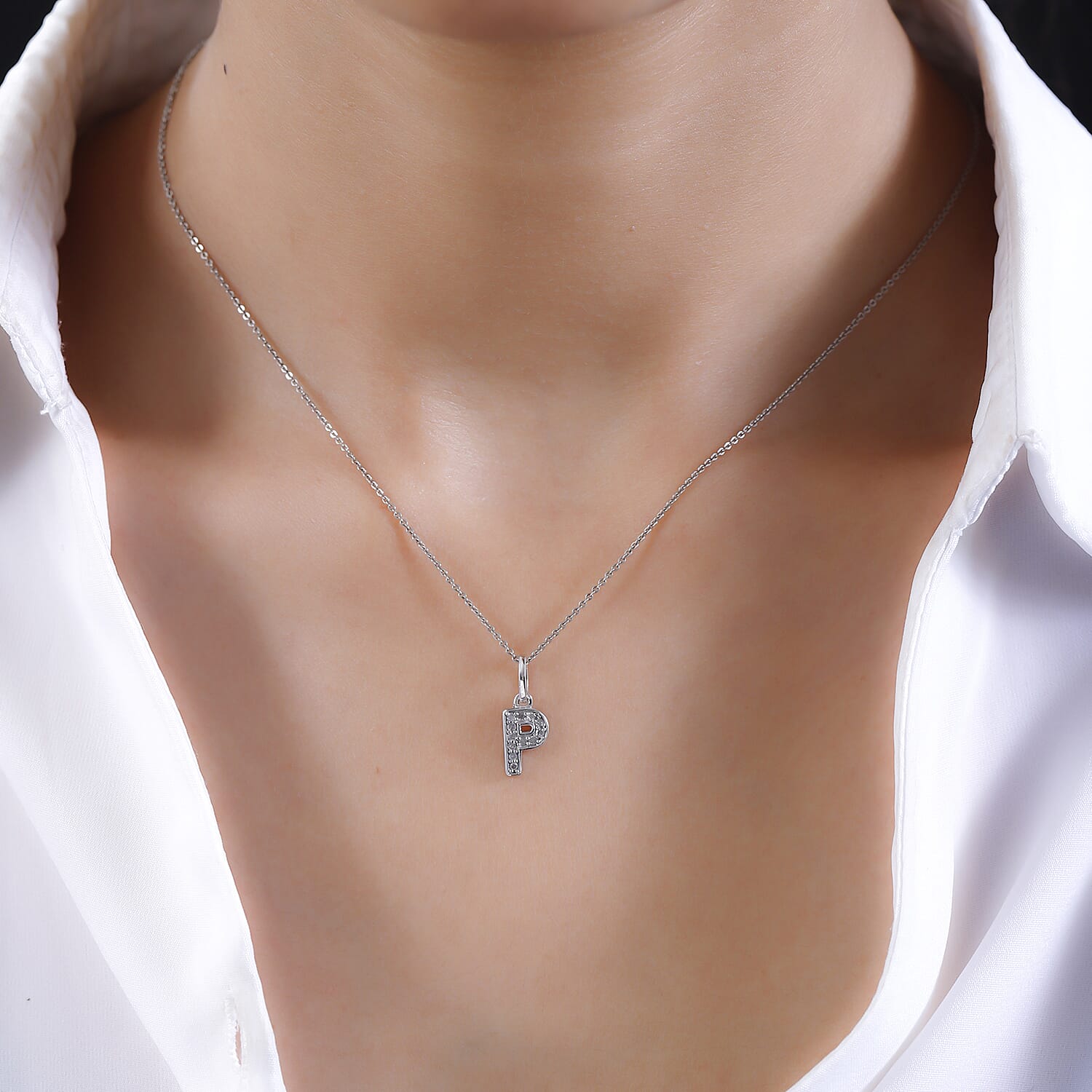 Diamond Initial P Pendant in Rhodium Overlay Sterling Silver 0.17 Ct