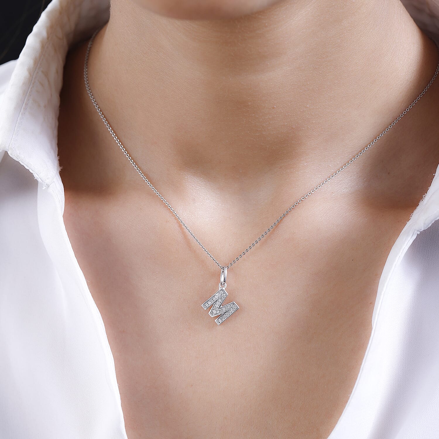 Diamond Initial M Pendant in Rhodium Overlay Sterling Silver 0.17 Ct