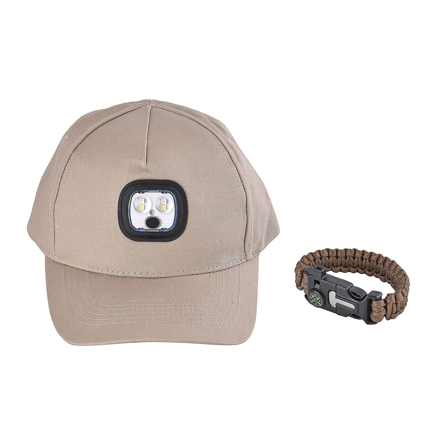 LED Cotton Baseball Cap with Paracord Bracelet (5-in-1 Survival Kit) - Beige