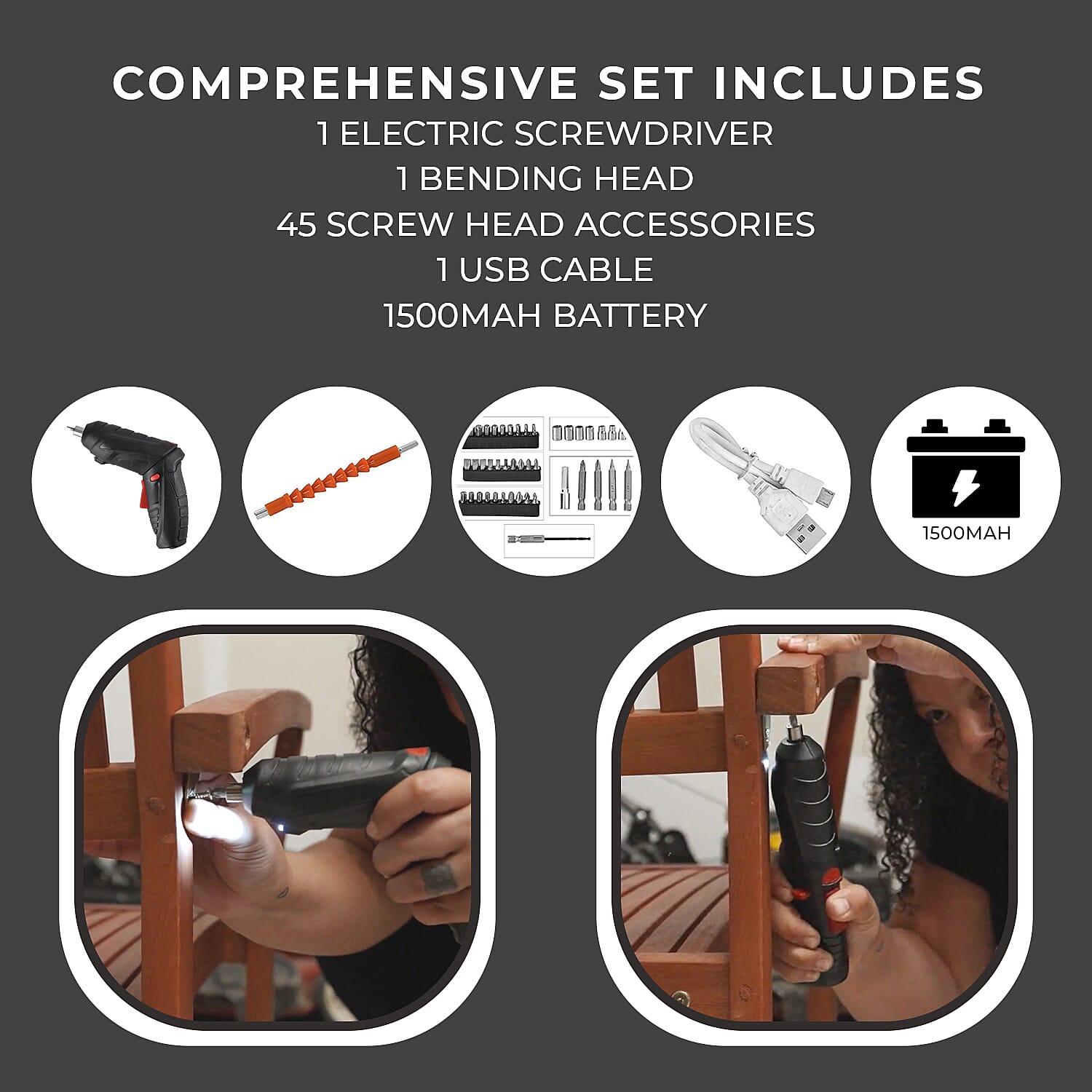 Rechargable Electric Screwdriver PLUS 47 Pcs Screw Set (100w 3.2aH) - Black