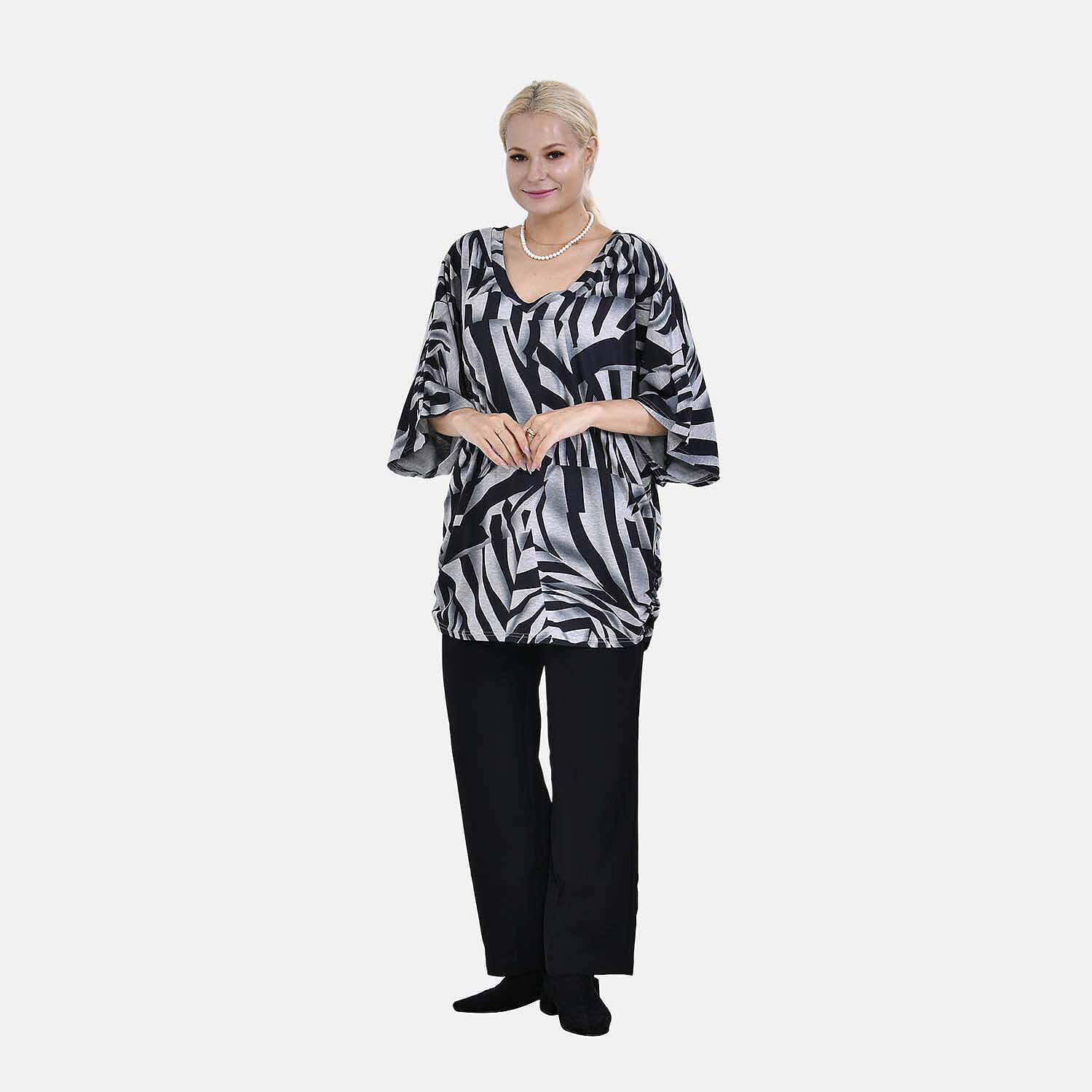 TAMSY Black Boat Neck Black & White Printed Knit Drape Top (One Size,8-22) - Black