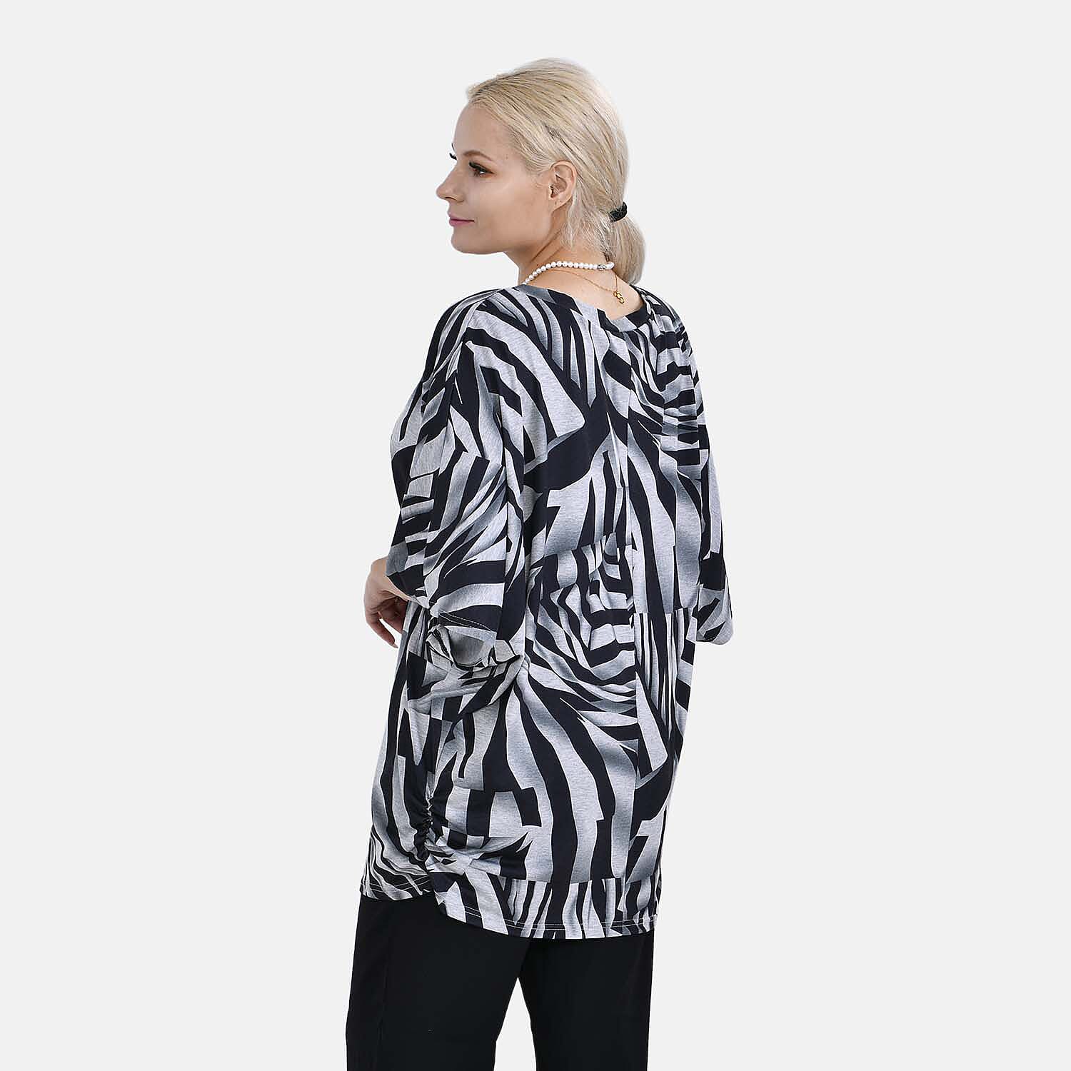 TAMSY Black Boat Neck Black & White Printed Knit Drape Top (One Size,8-22) - Black