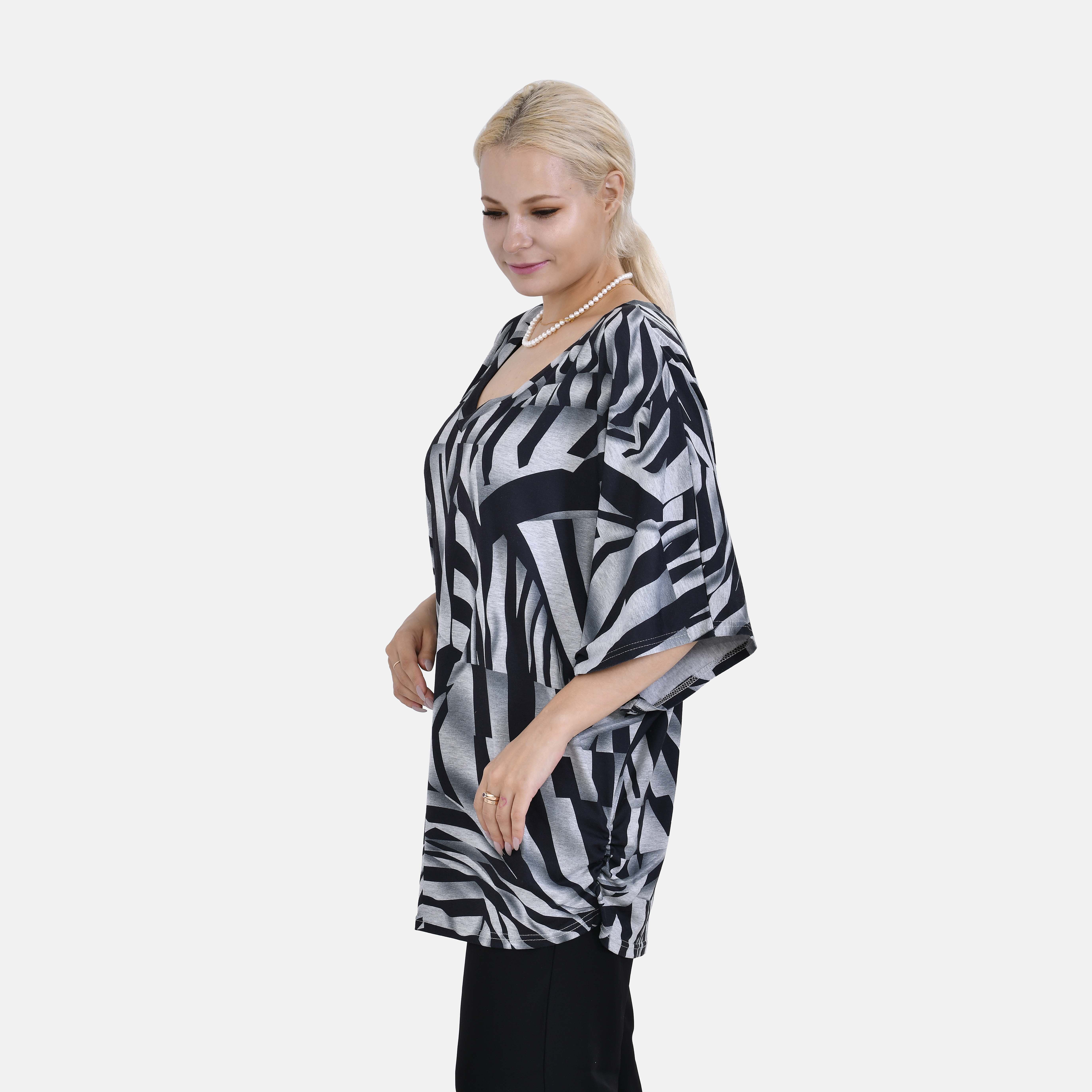 TAMSY Black Boat Neck Black & White Printed Knit Drape Top (One Size,8-22) - Black