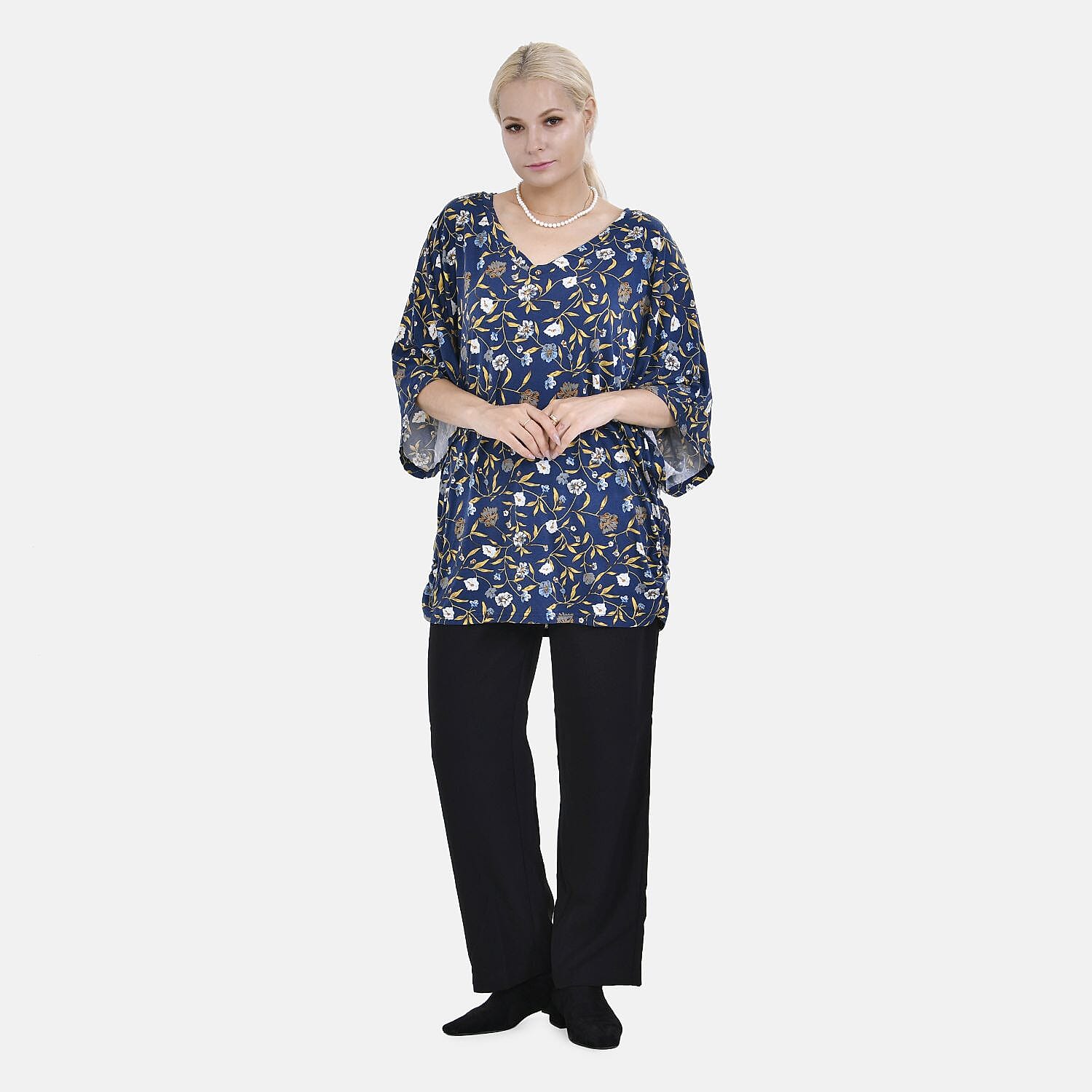 TAMSY Black Boat Neck Floral Printed Knit Drape Top (One Size,8-22) - Navy Blue & White