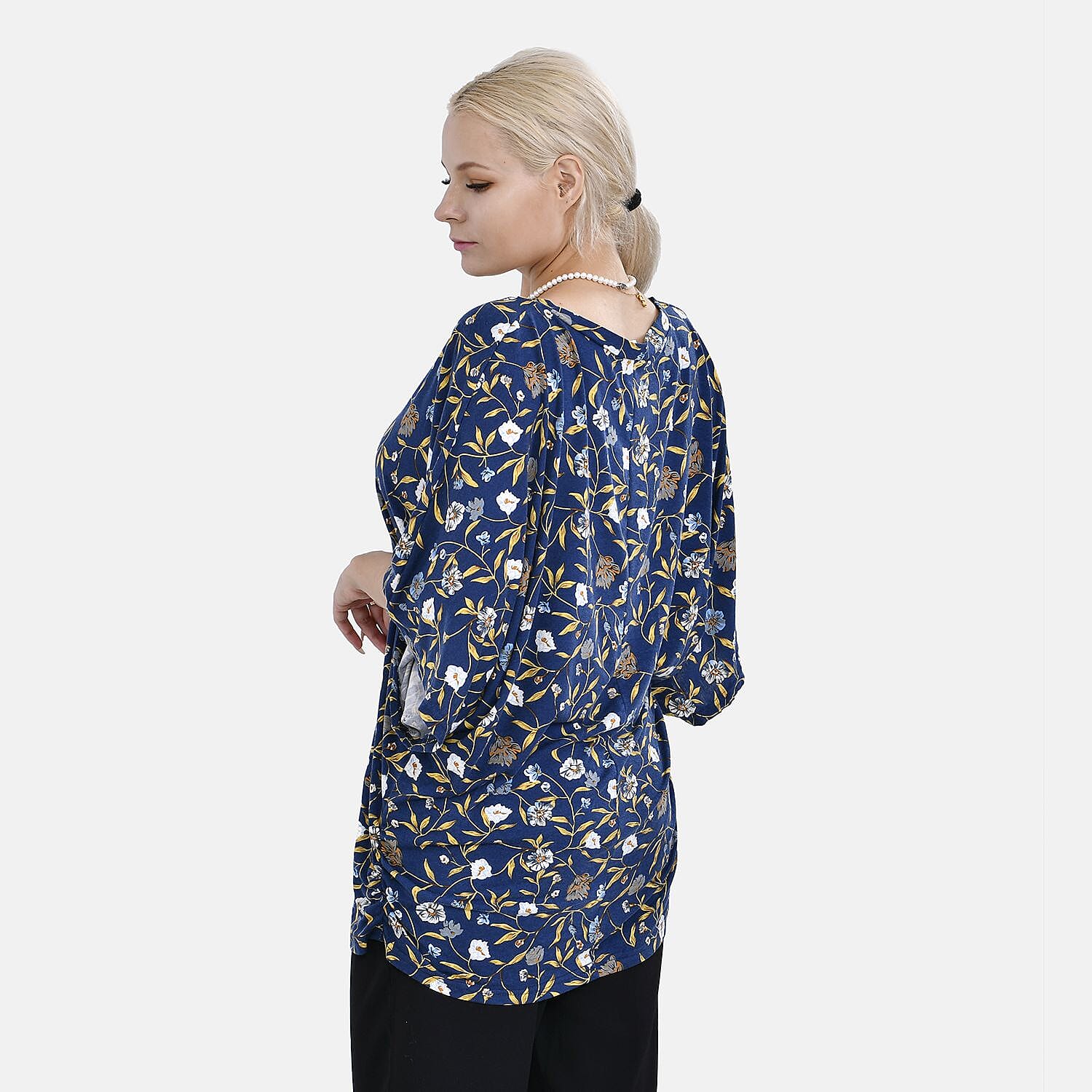 TAMSY Black Boat Neck Floral Printed Knit Drape Top (One Size,8-22) - Navy Blue & White